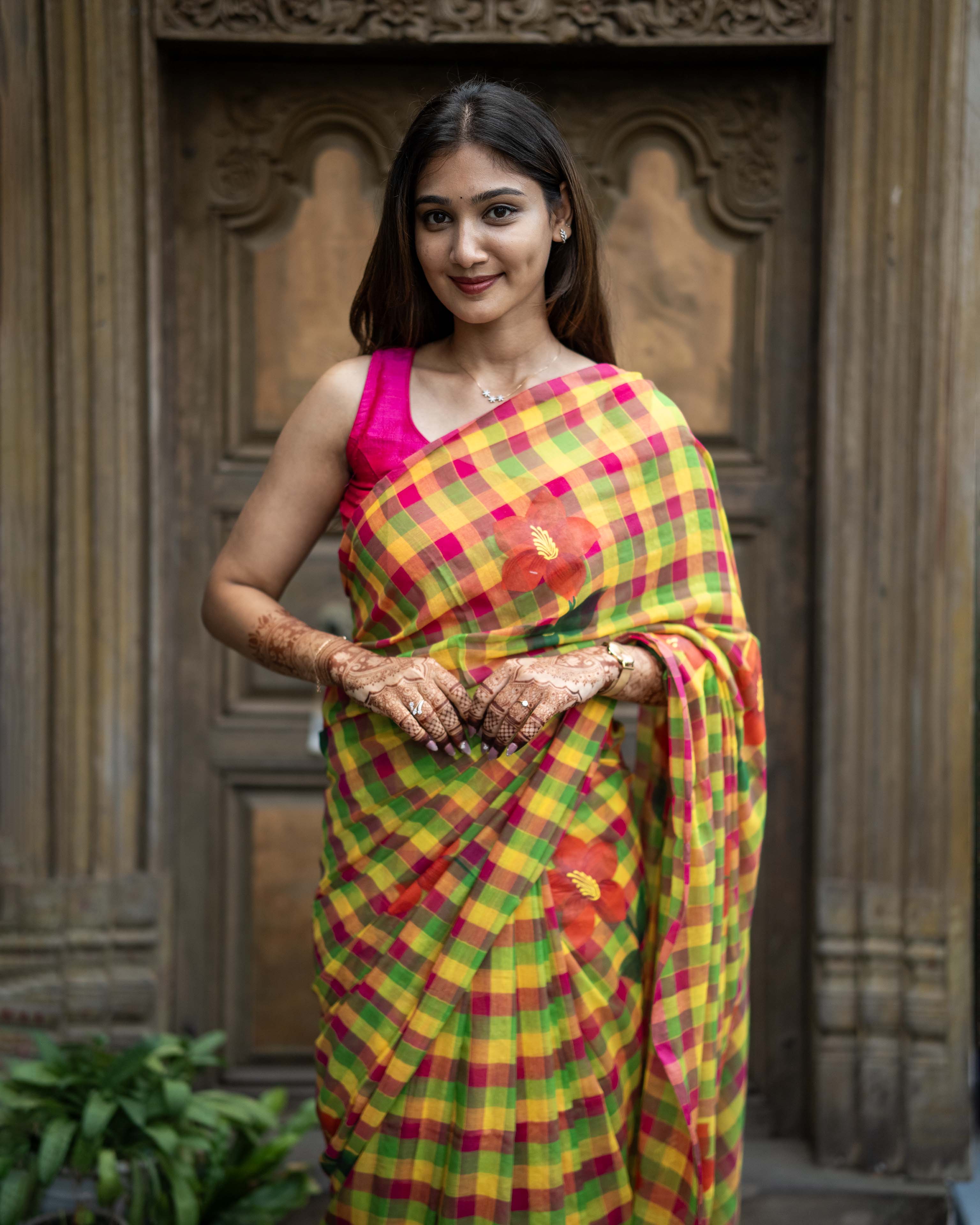 Pink Checked Mul Cotton Saree