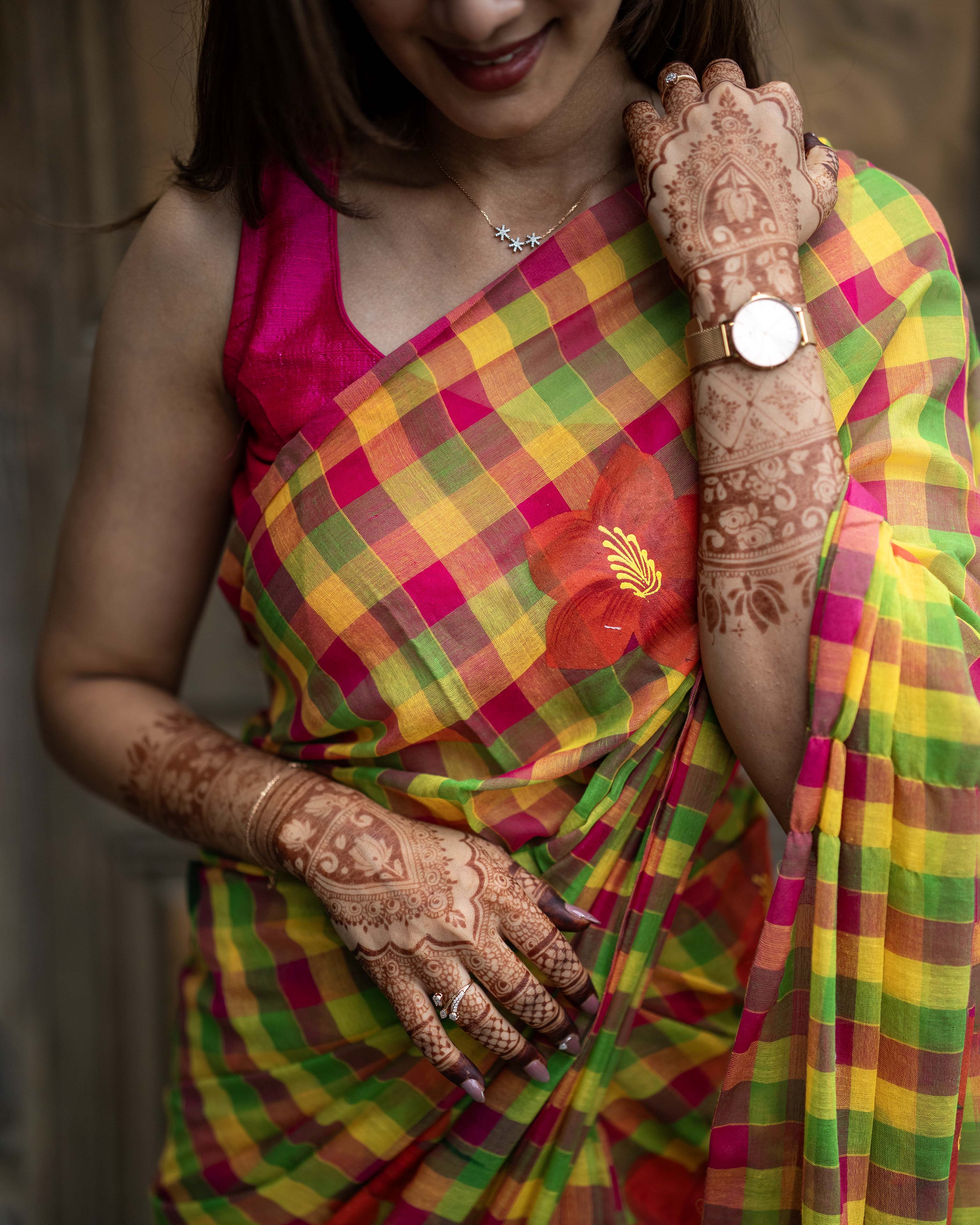 Pink Checked Mul Cotton Saree