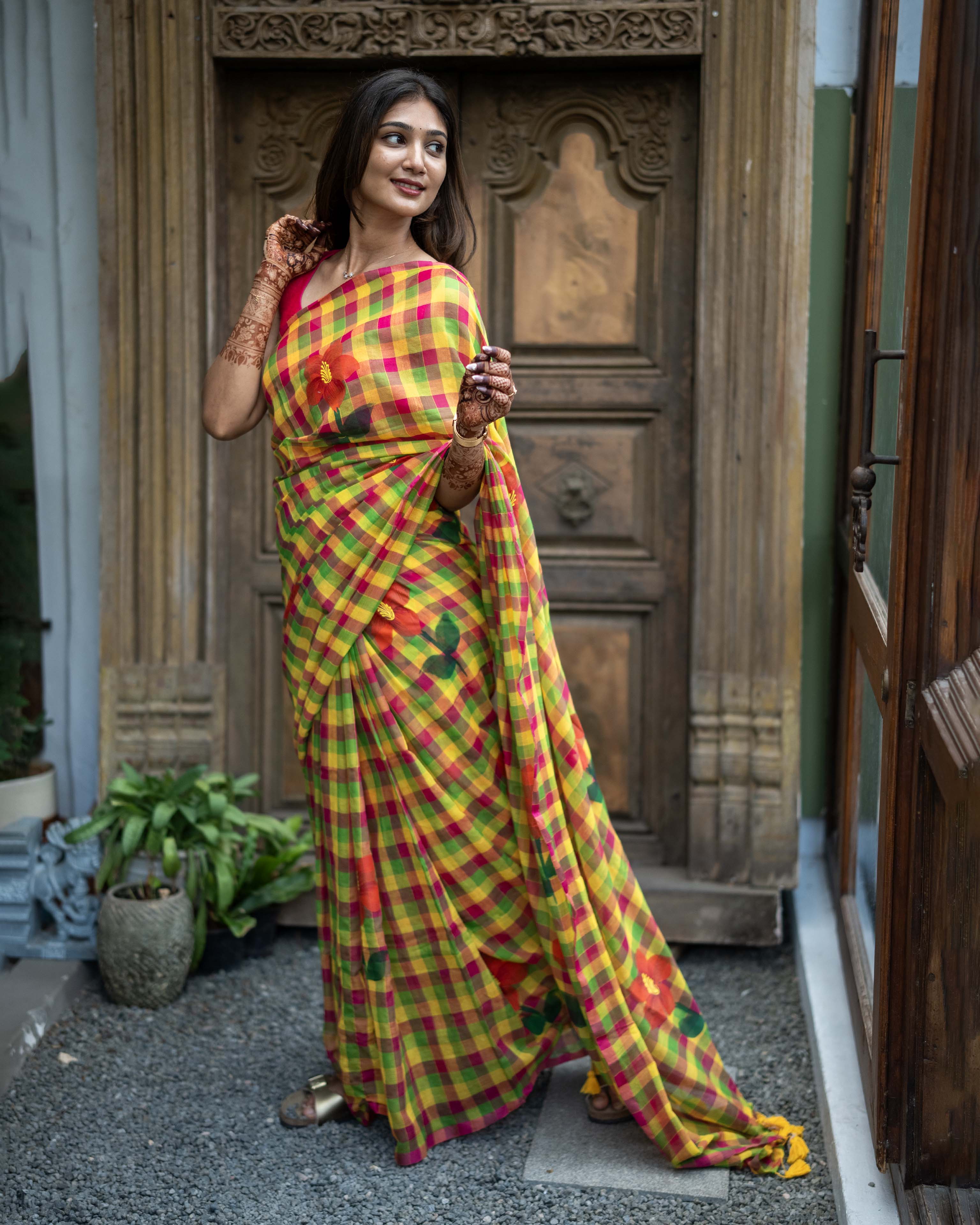 Pink Checked Mul Cotton Saree
