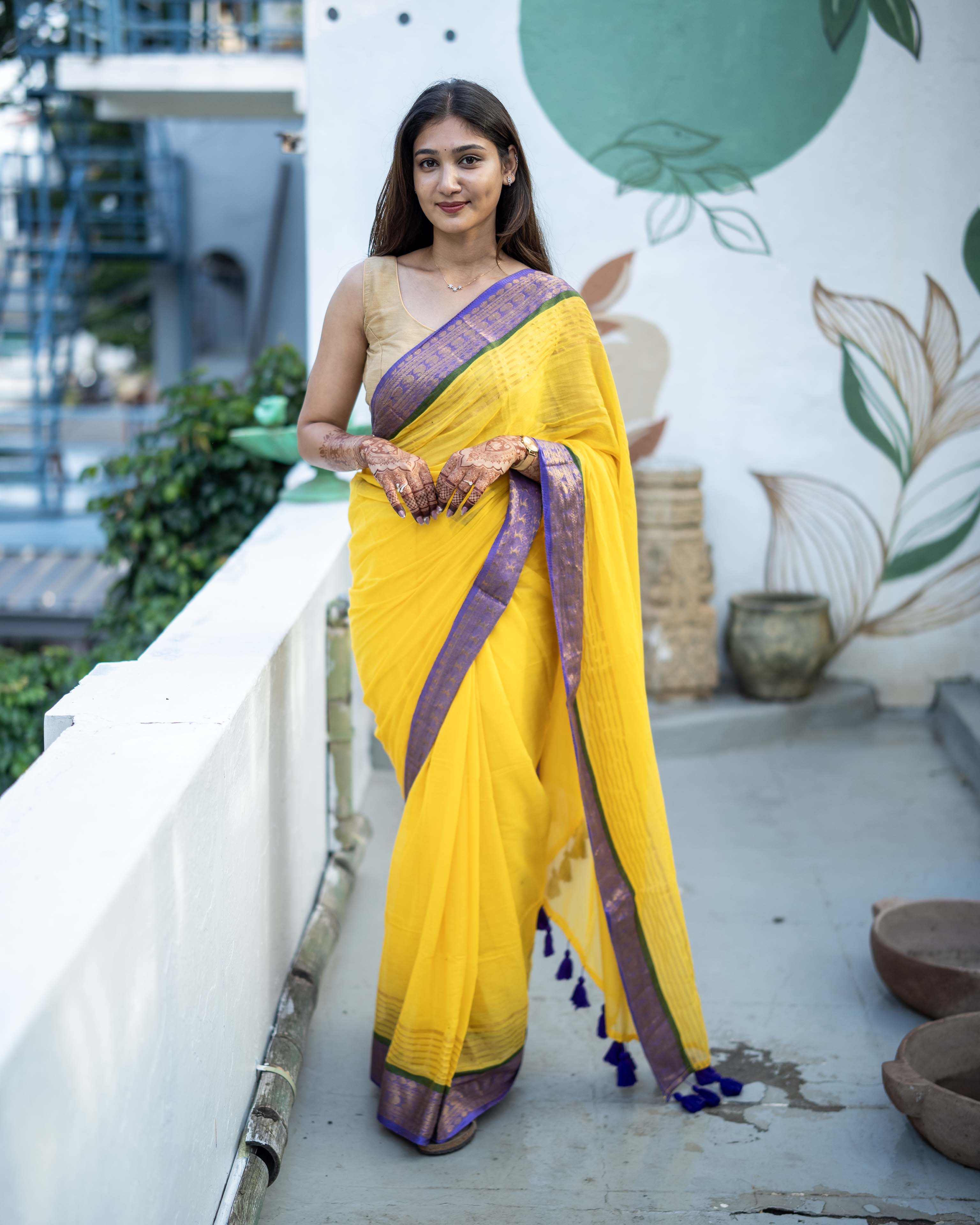Yellow with purple Mul Cotton Saree