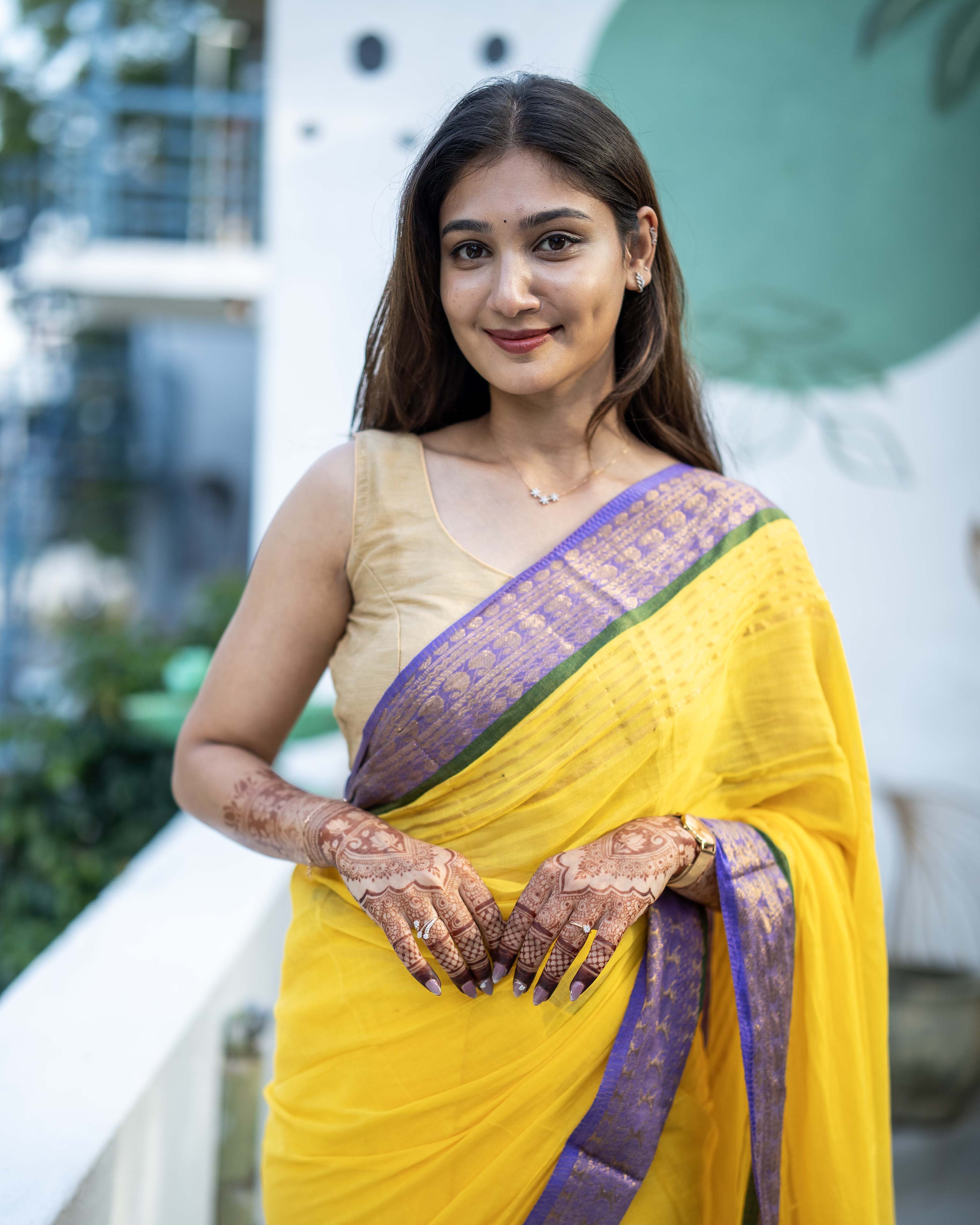 Yellow with purple Mul Cotton Saree