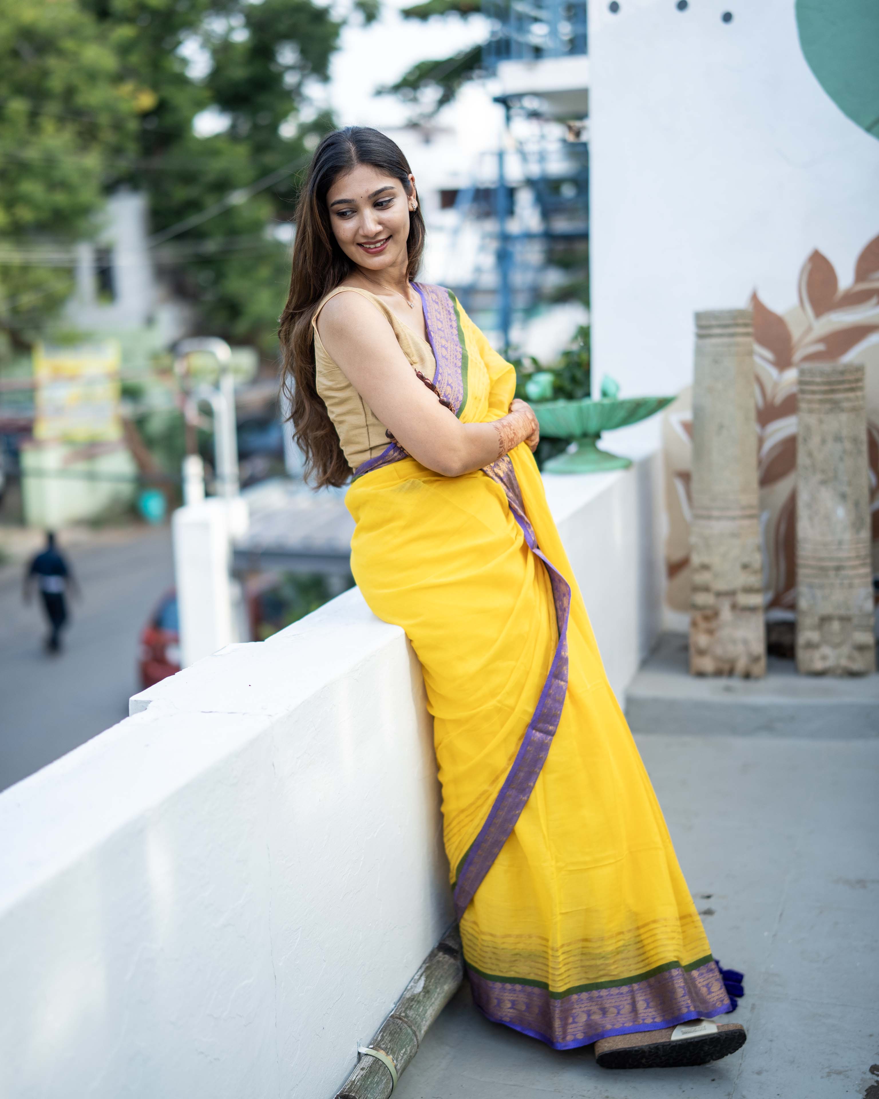 Yellow with purple Mul Cotton Saree
