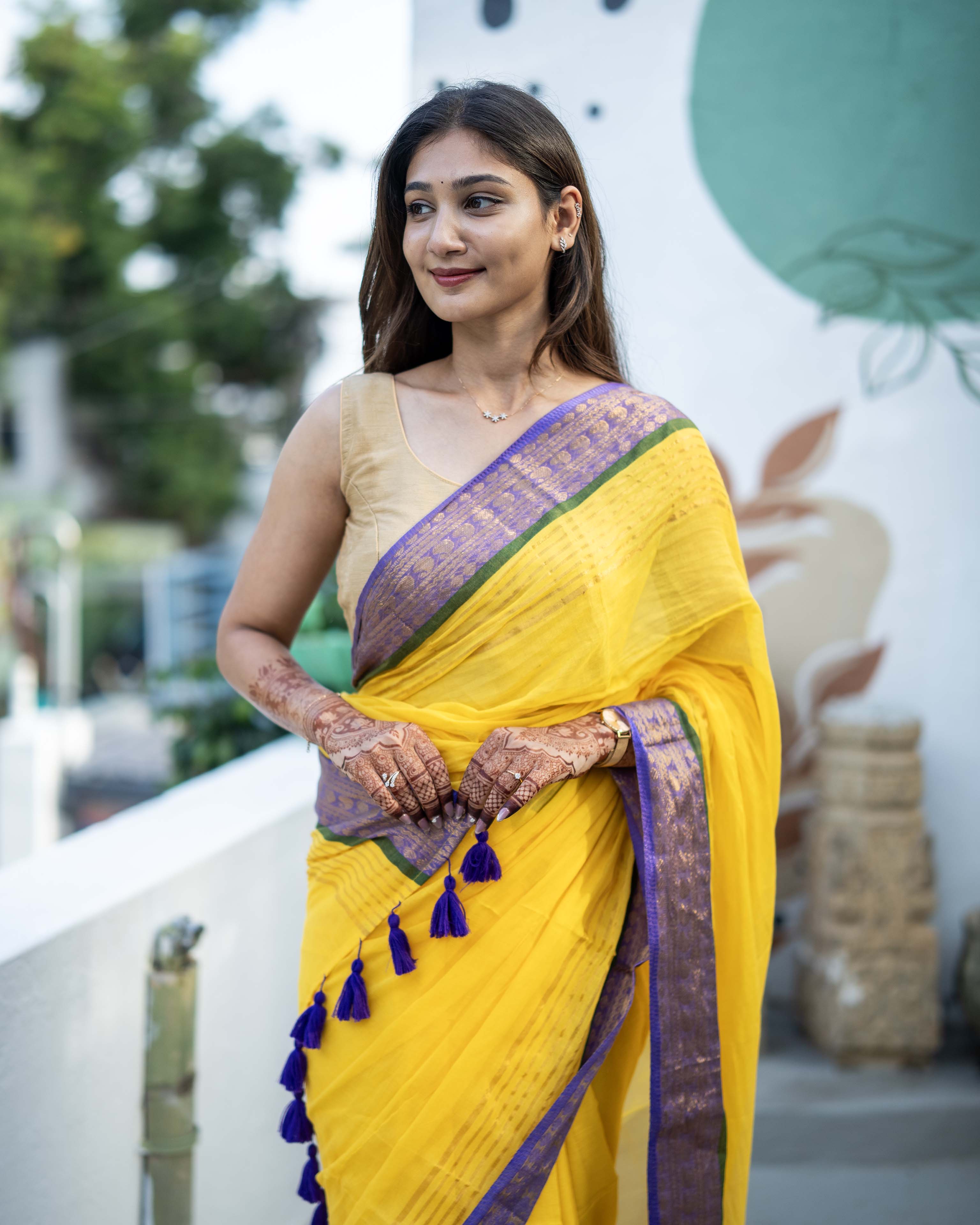 Yellow with purple Mul Cotton Saree