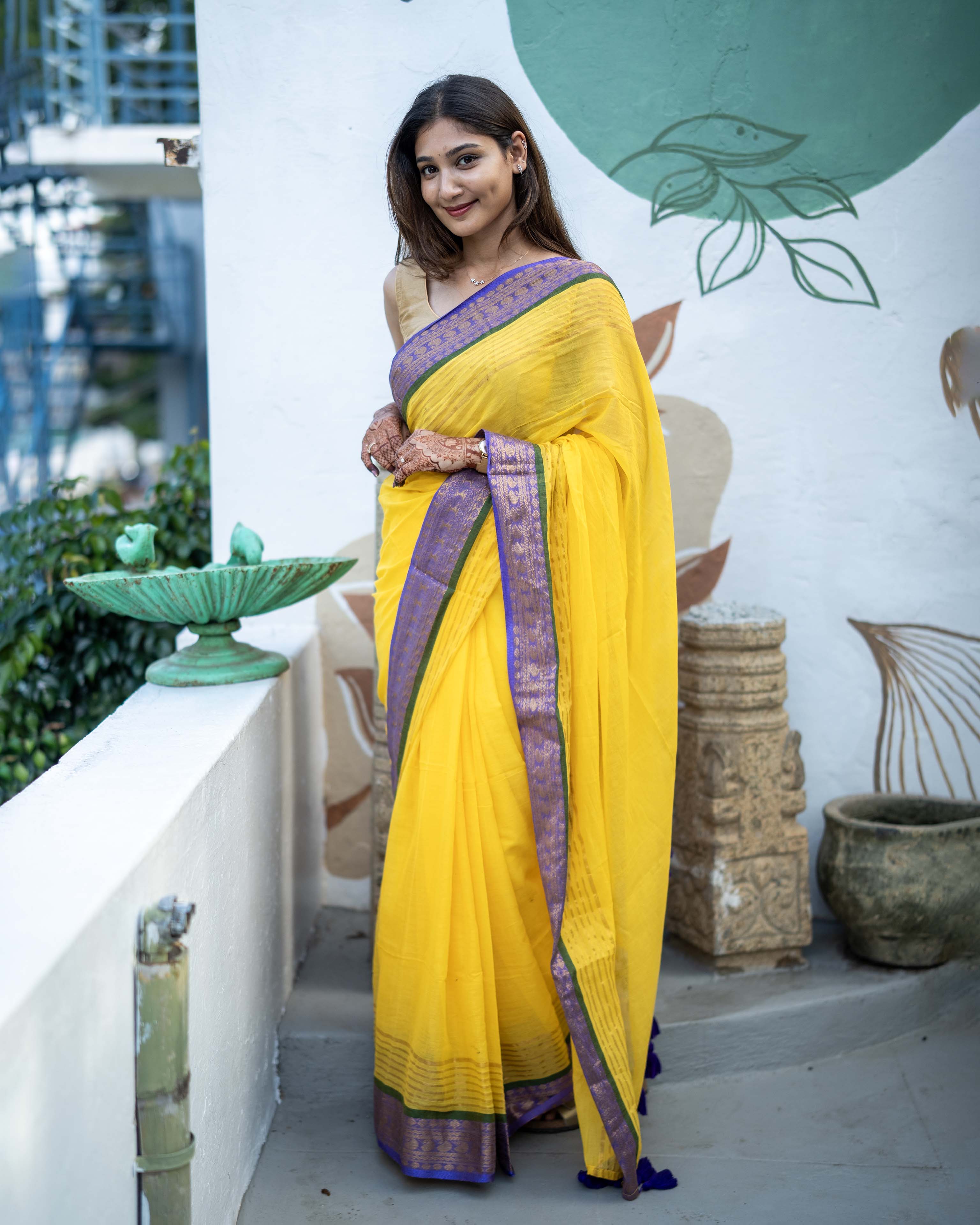Yellow with purple Mul Cotton Saree