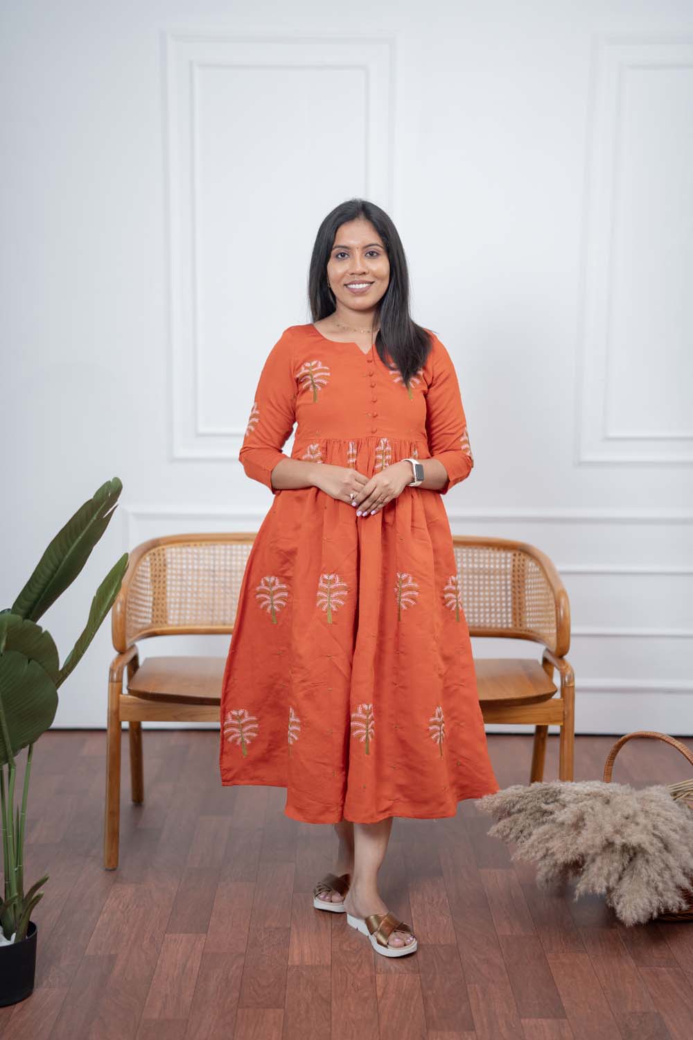 Rust Orange Embroidered Maxi Dress