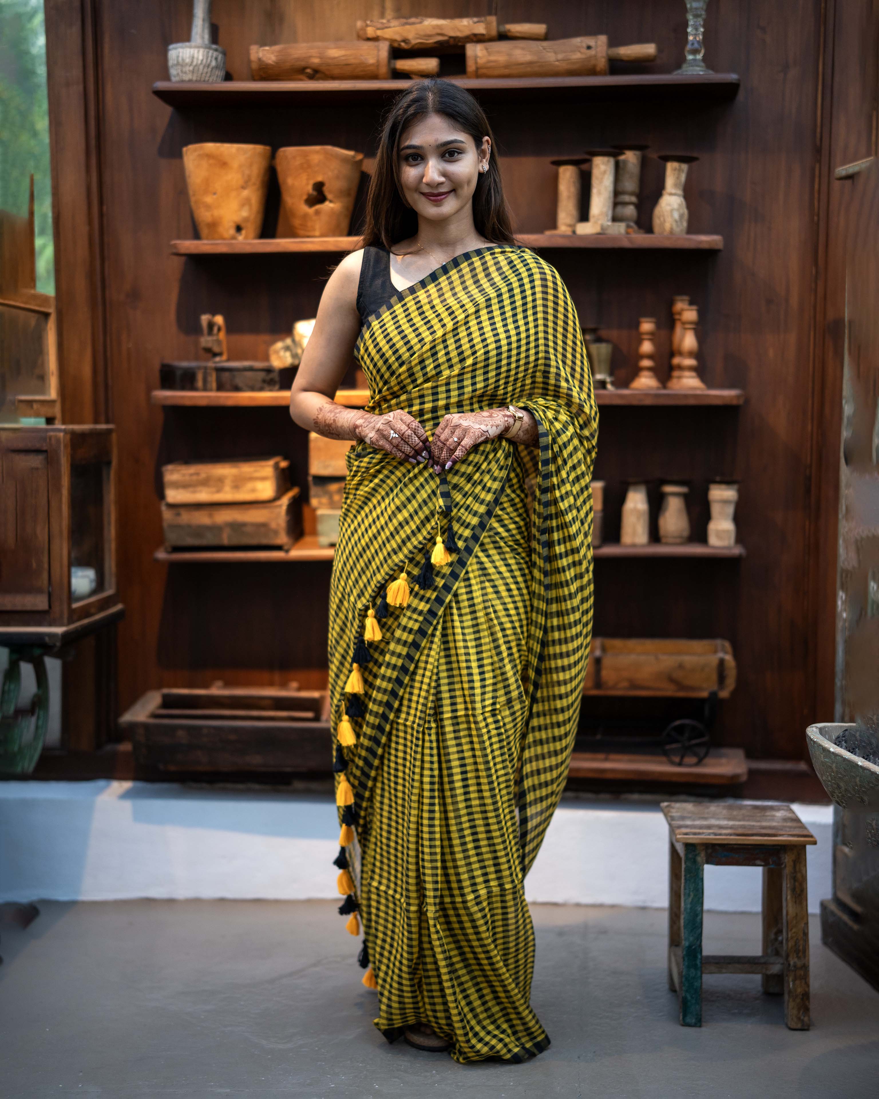 Yellow and Black check Mul Cotton Elegance Saree
