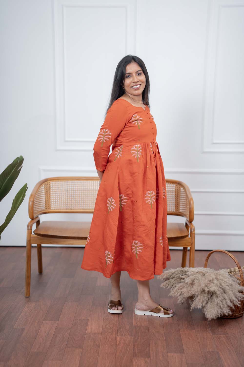 Rust Orange Embroidered Maxi Dress