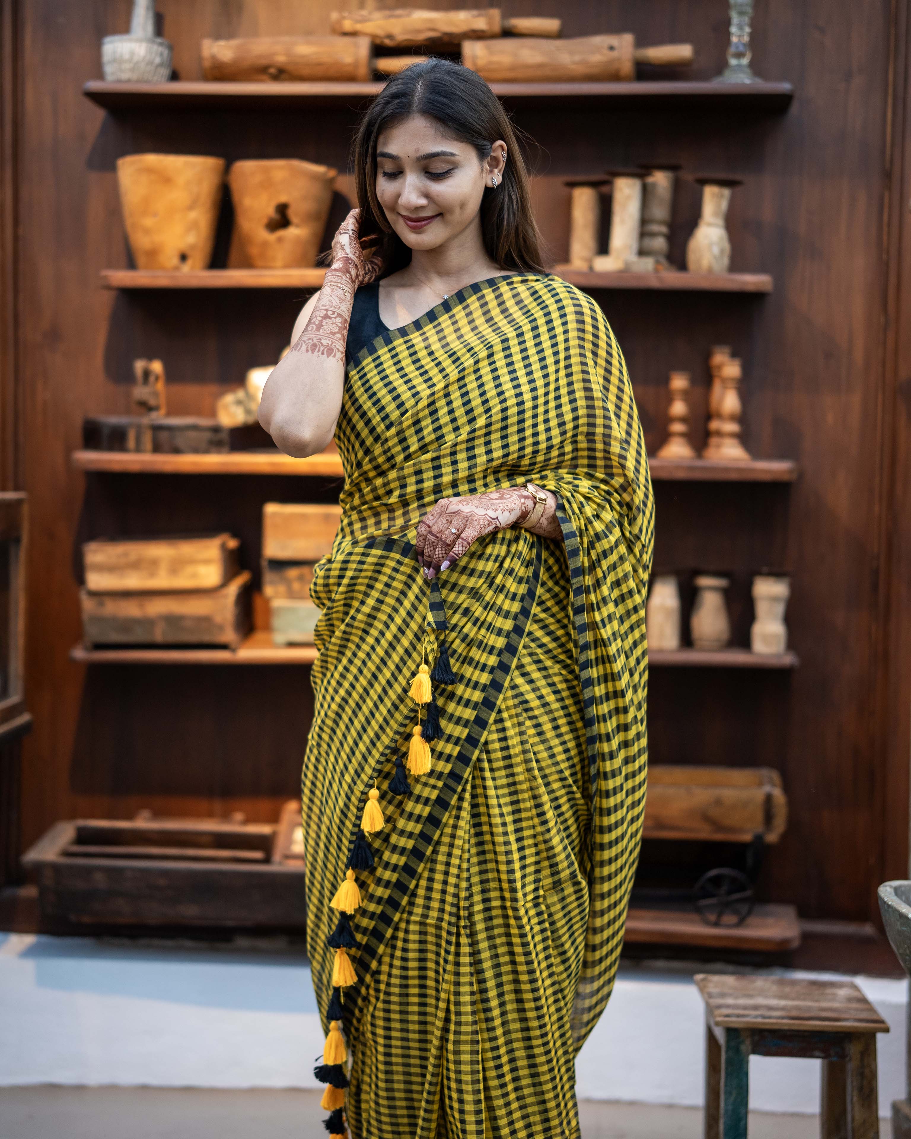 Yellow and Black check Mul Cotton Elegance Saree