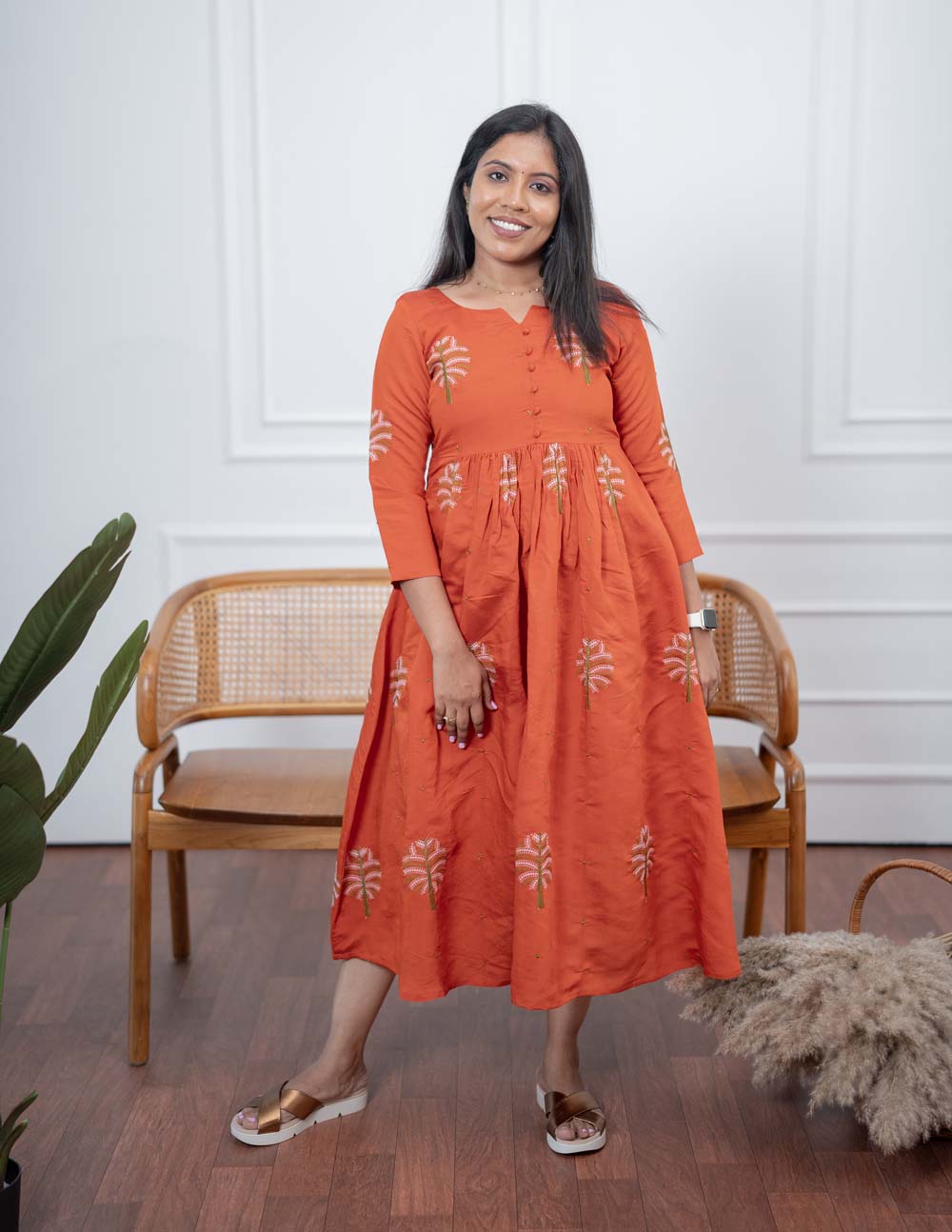 Rust Orange Embroidered Maxi Dress