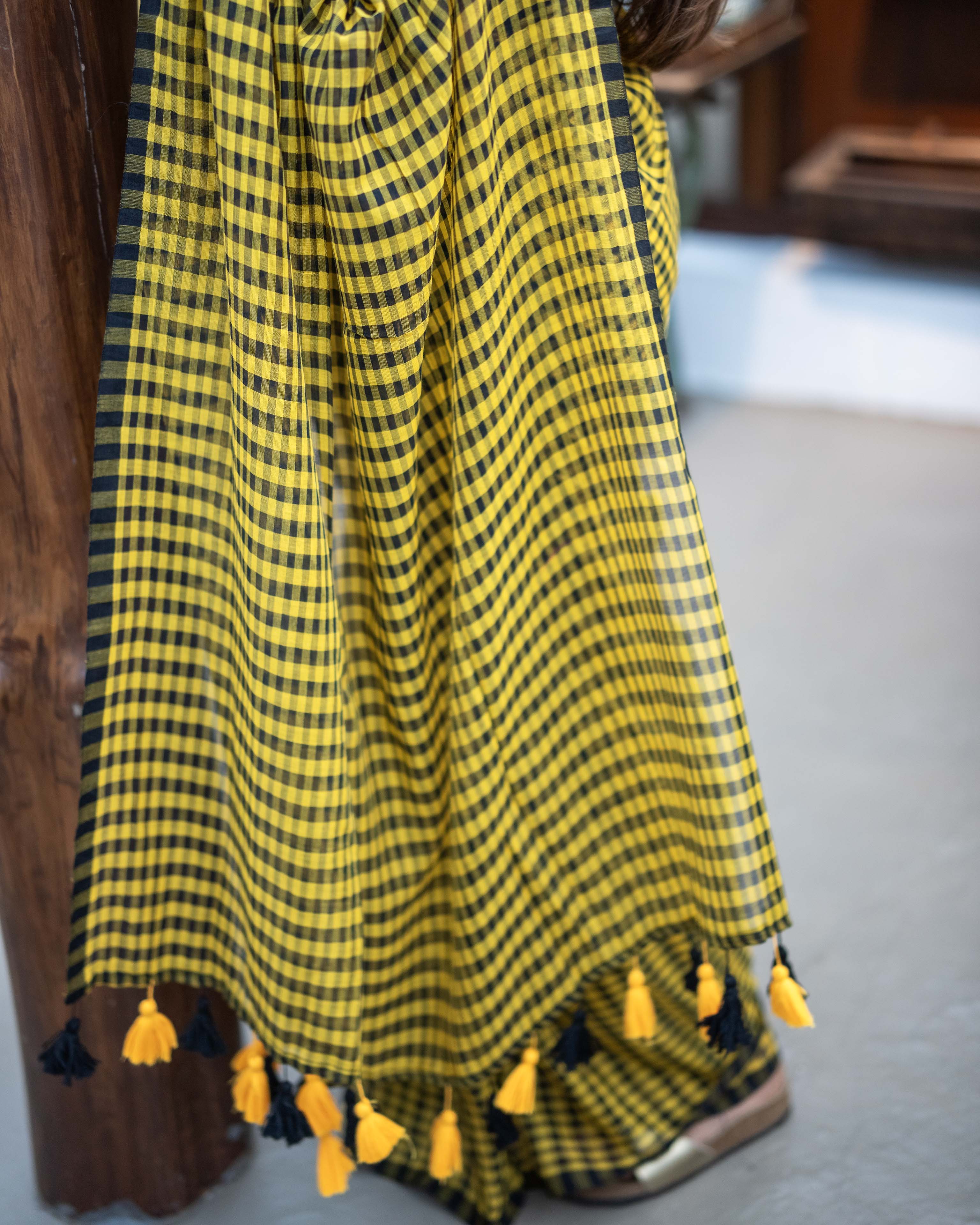 Yellow and Black check Mul Cotton Elegance Saree