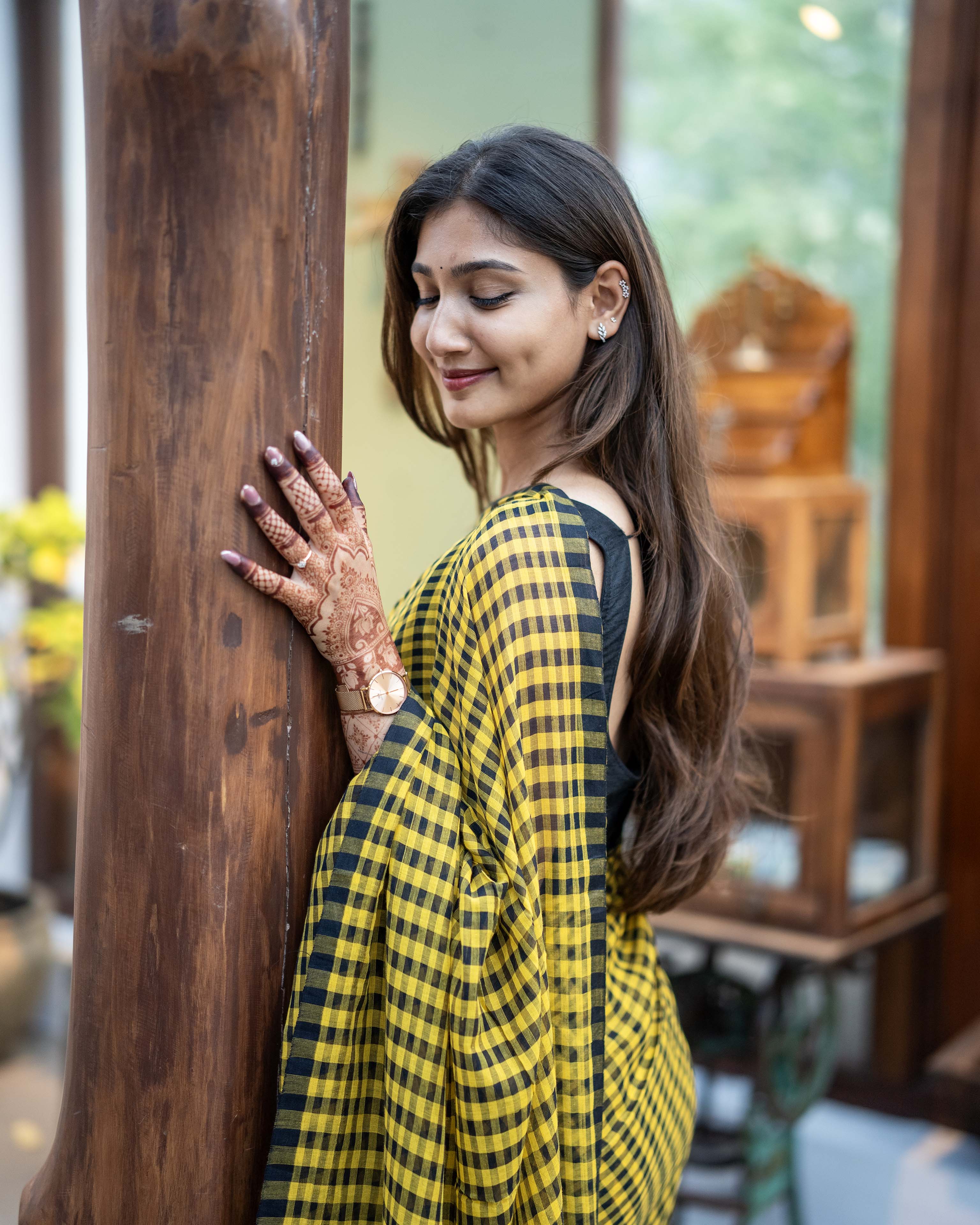 Yellow and Black check Mul Cotton Elegance Saree