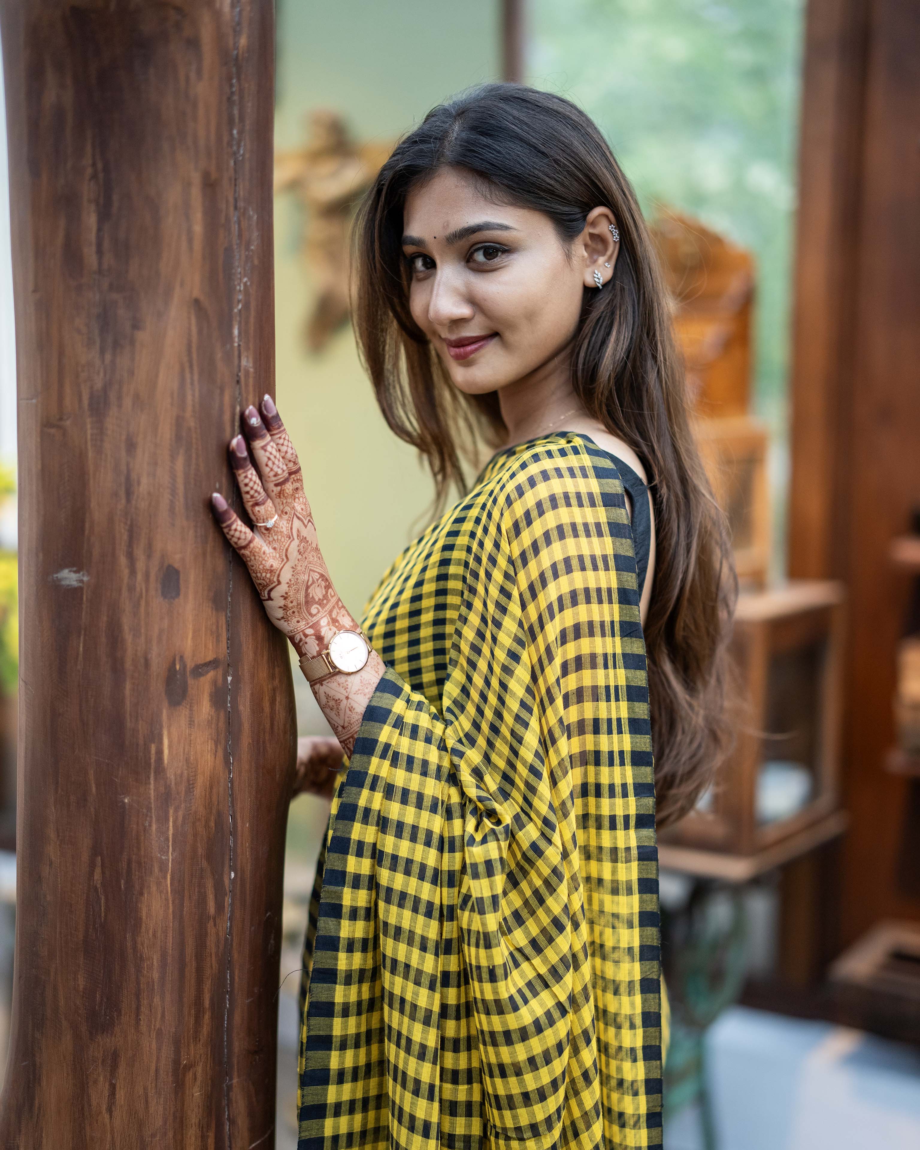 Yellow and Black check Mul Cotton Elegance Saree
