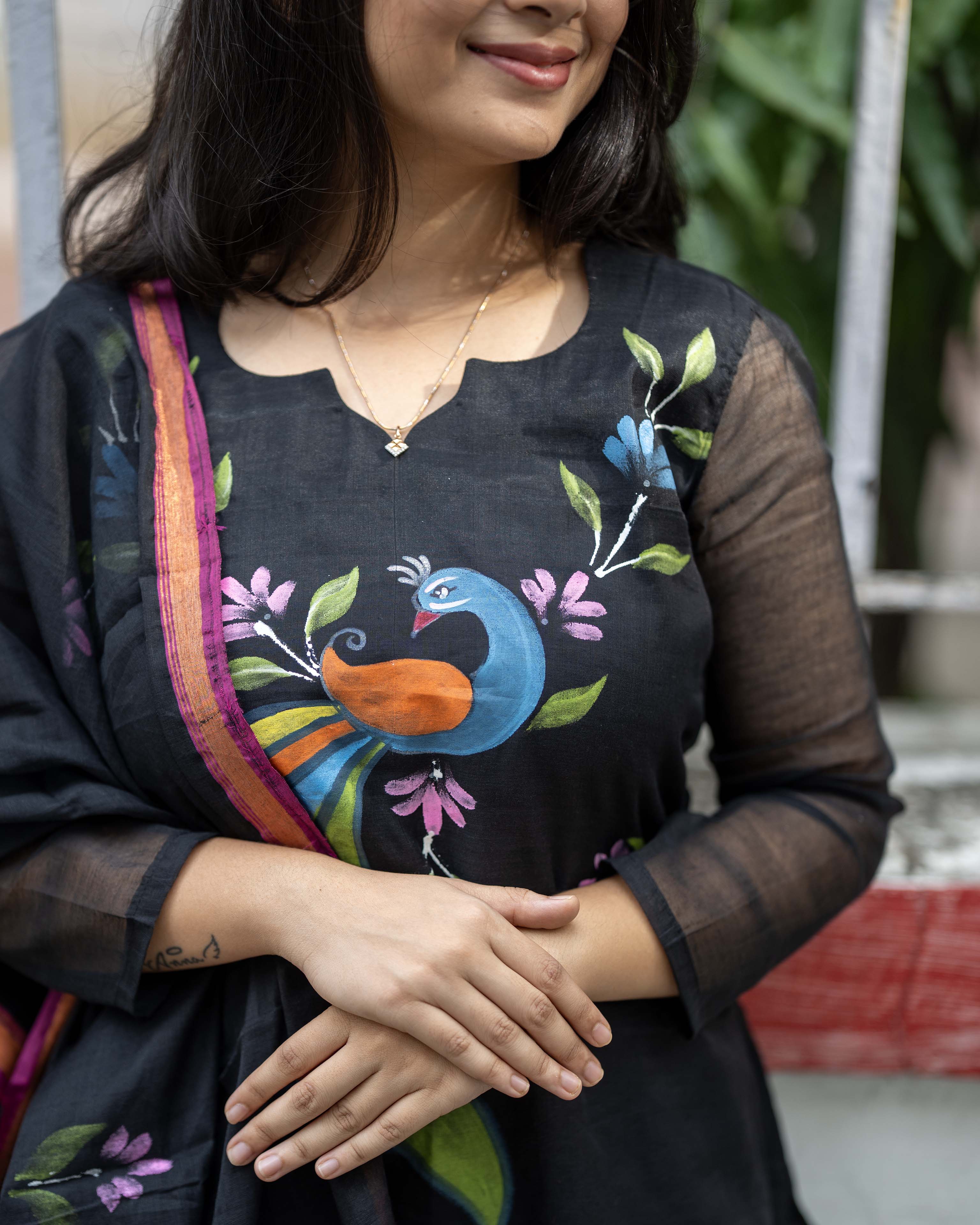 Handpainted Weaves Black Ethnic Top & Duppata