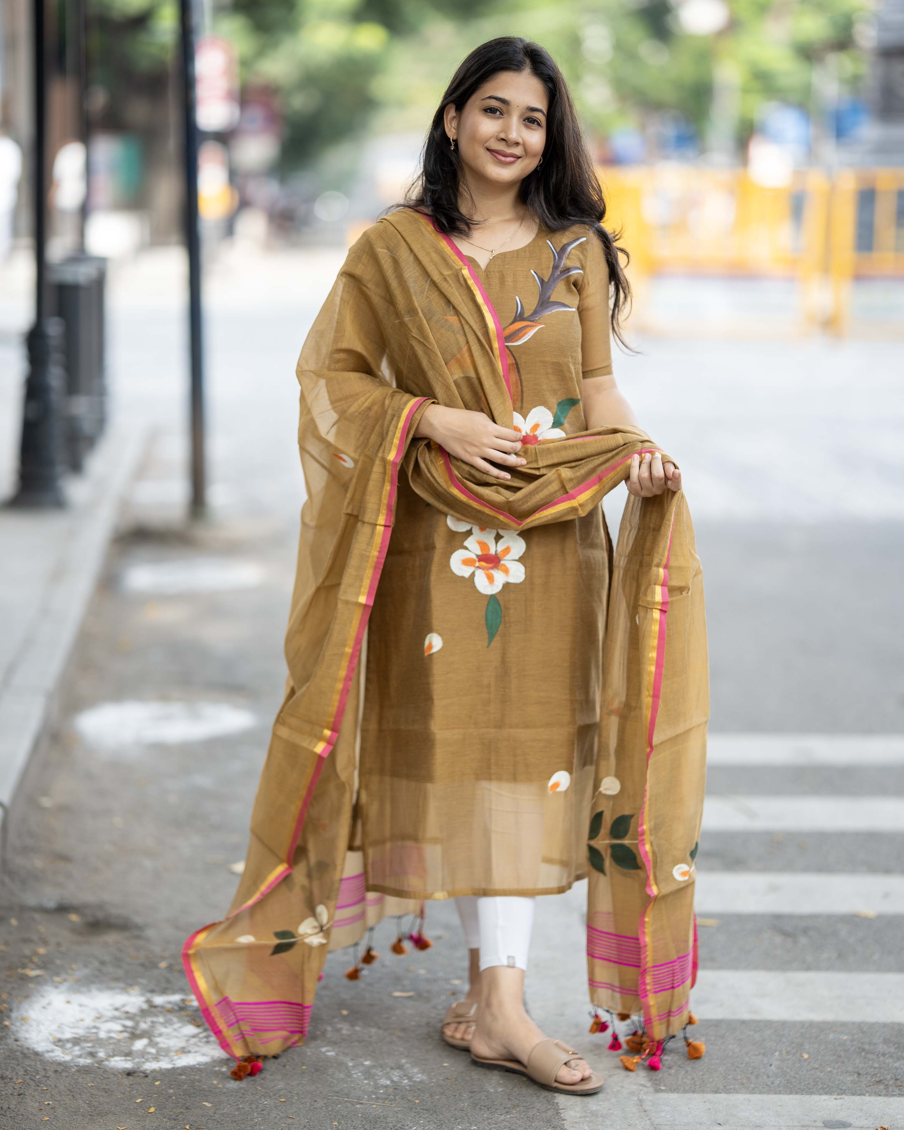Handpainted Weaves Mustard Yellow Ethnic Top & Duppata