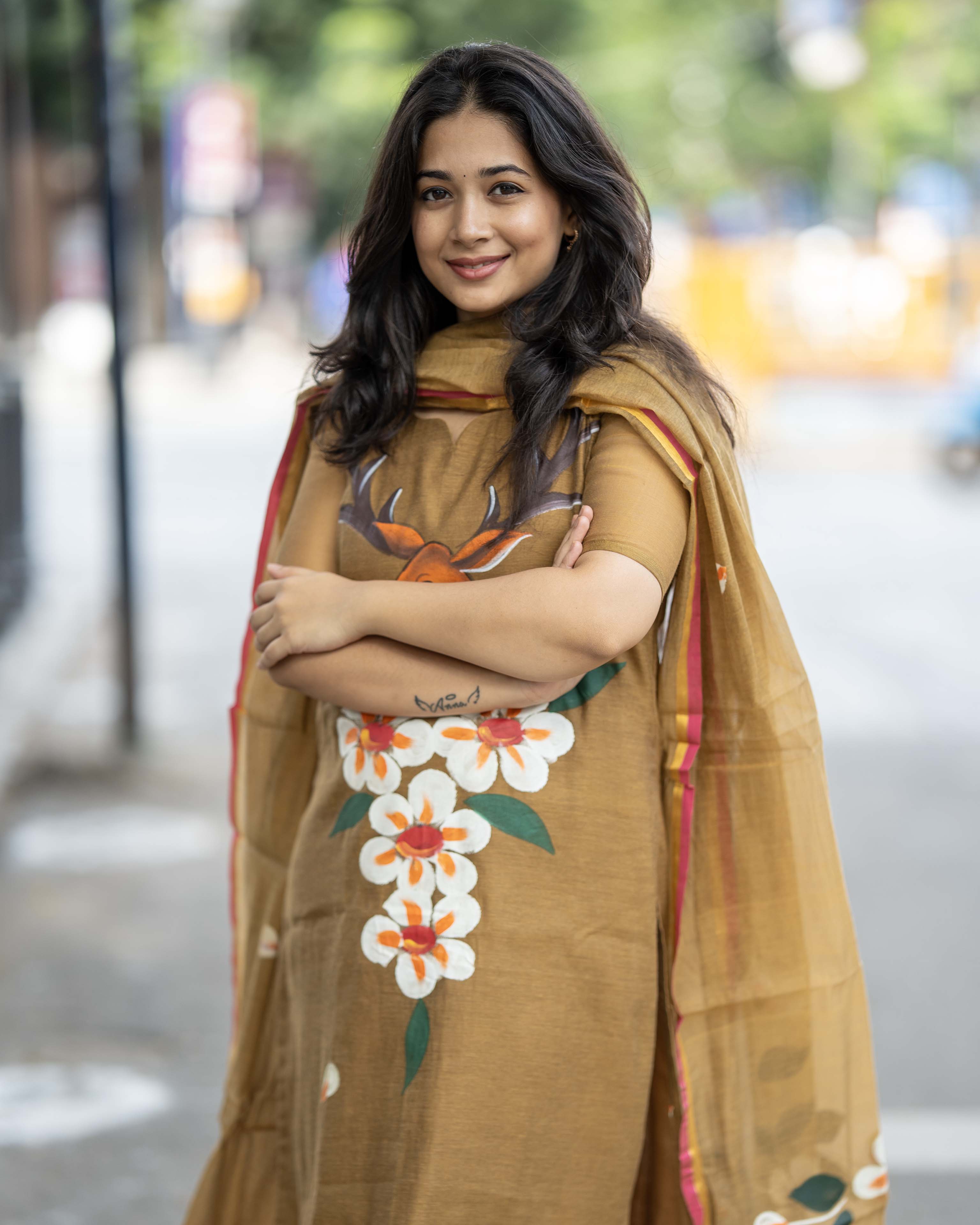 Handpainted Weaves Mustard Yellow Ethnic Top & Duppata
