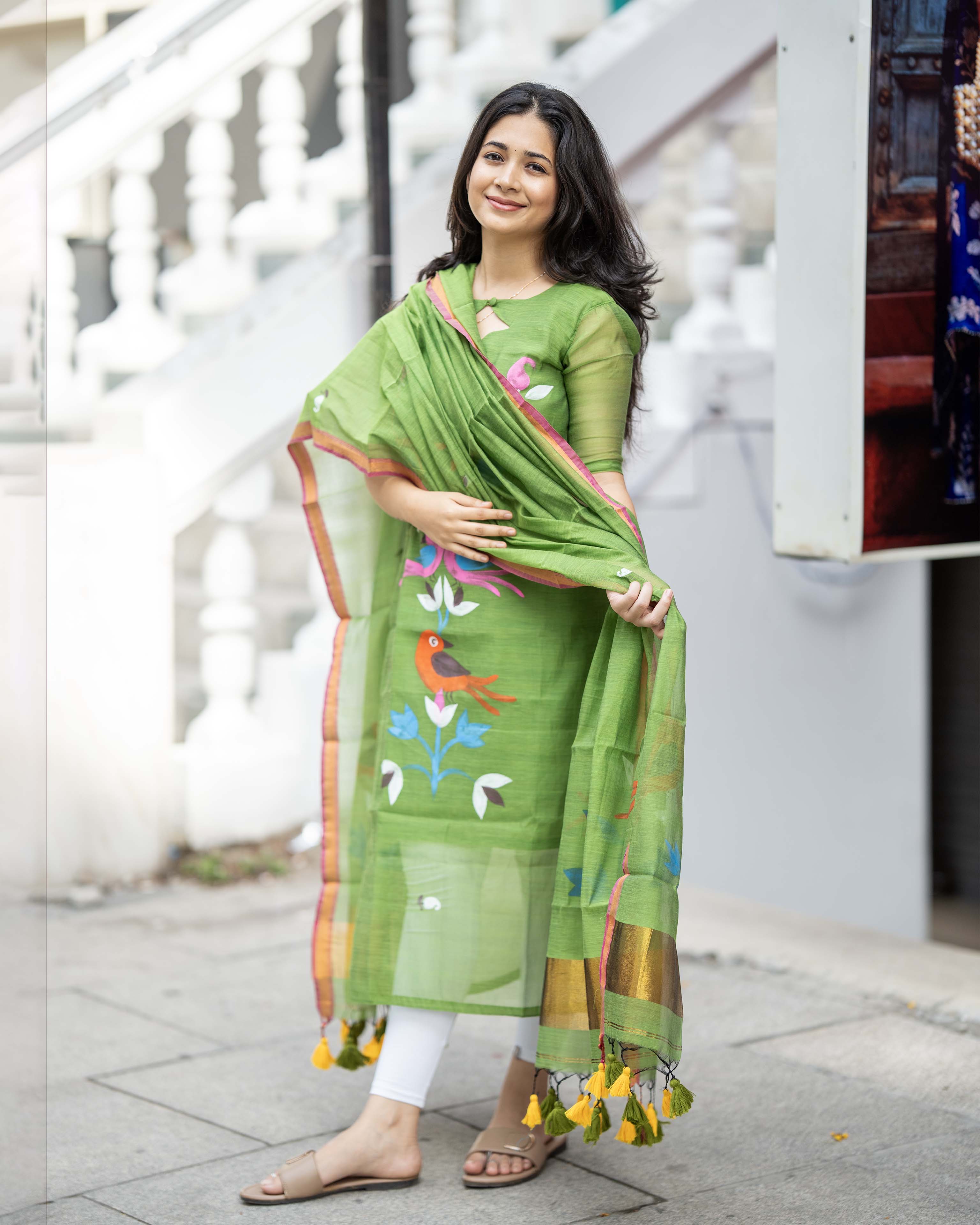 Handpainted Weaves Parrot Green  Ethnic Top & Duppata