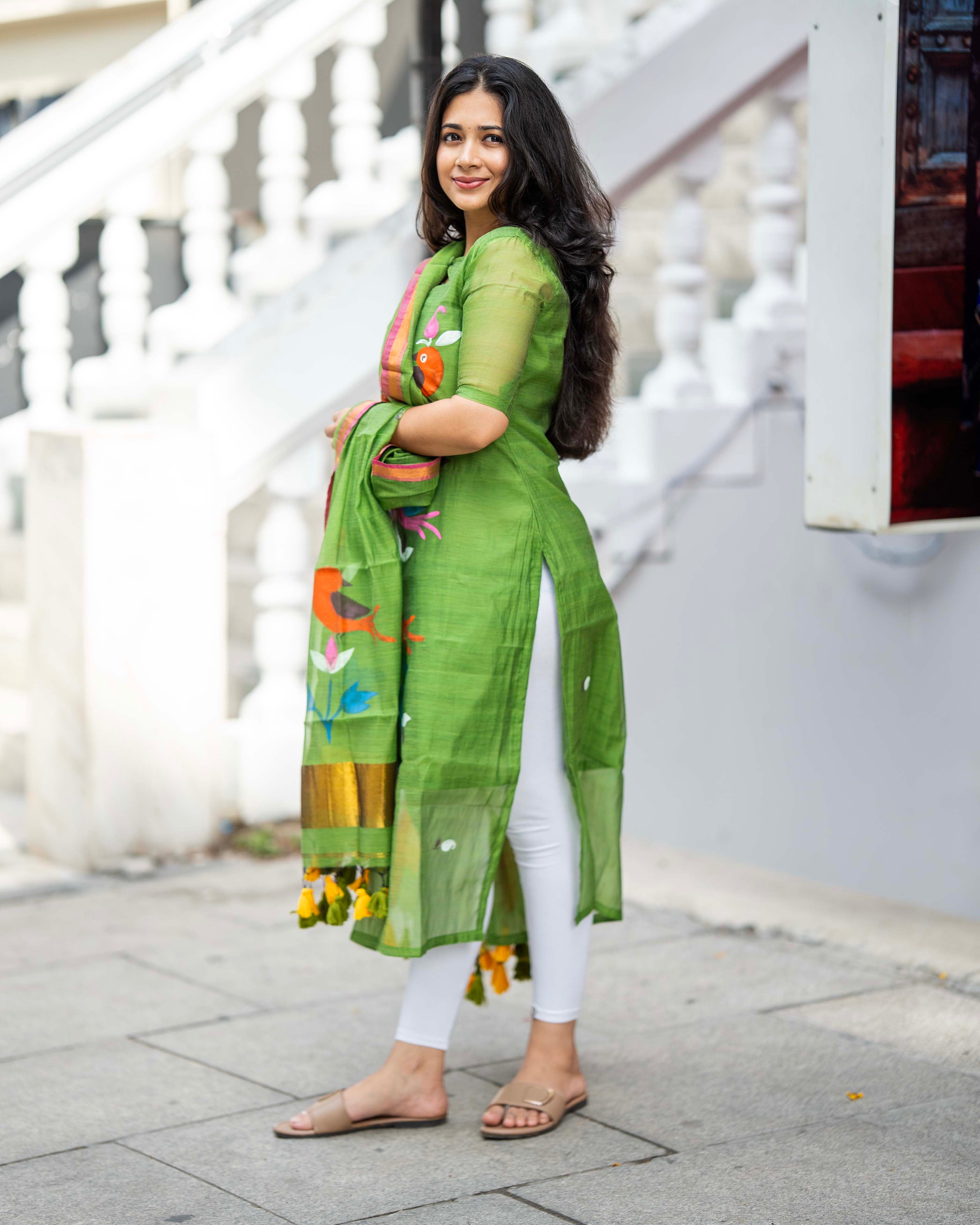 Handpainted Weaves Parrot Green  Ethnic Top & Duppata