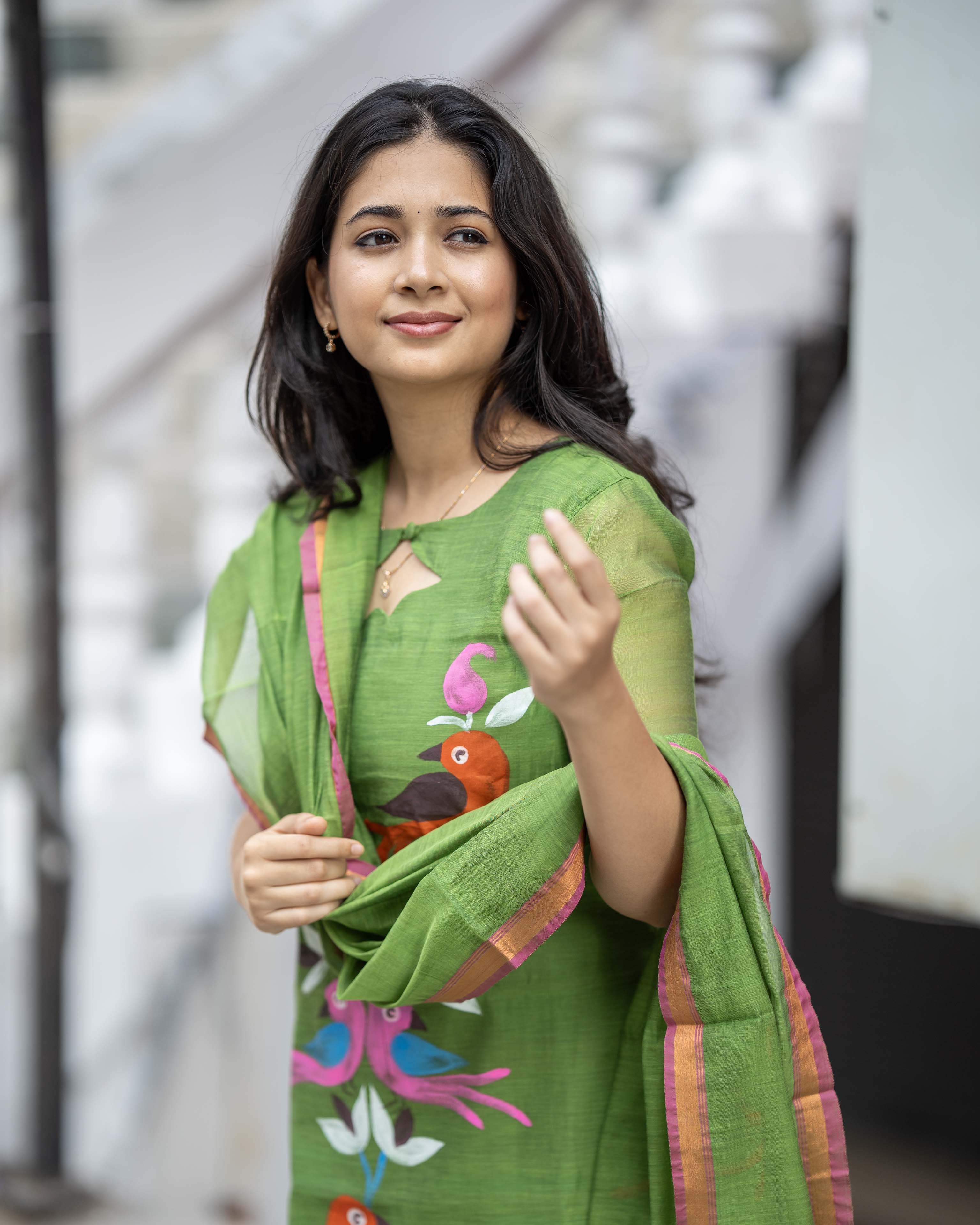 Handpainted Weaves Parrot Green  Ethnic Top & Duppata