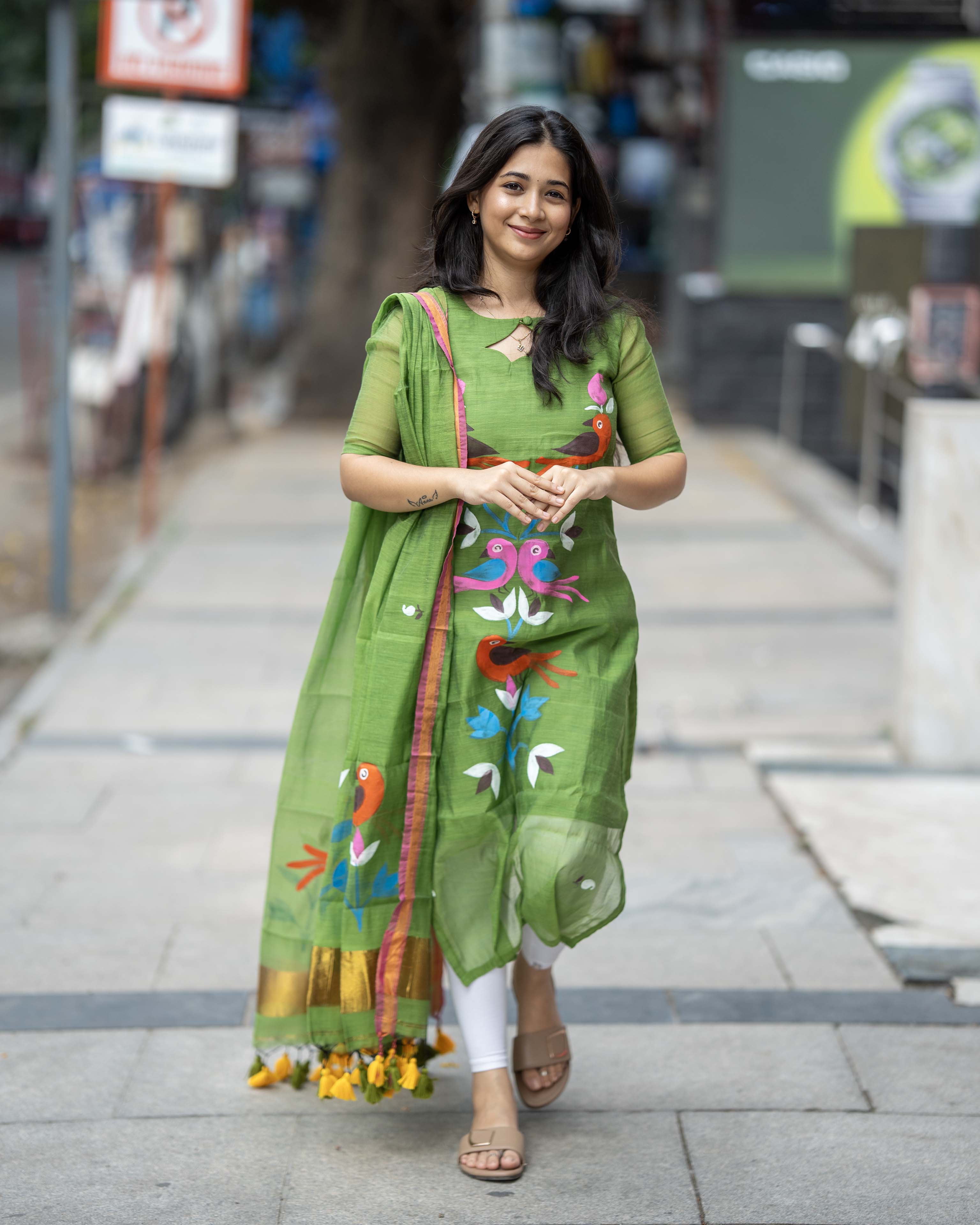 Handpainted Weaves Parrot Green  Ethnic Top & Duppata