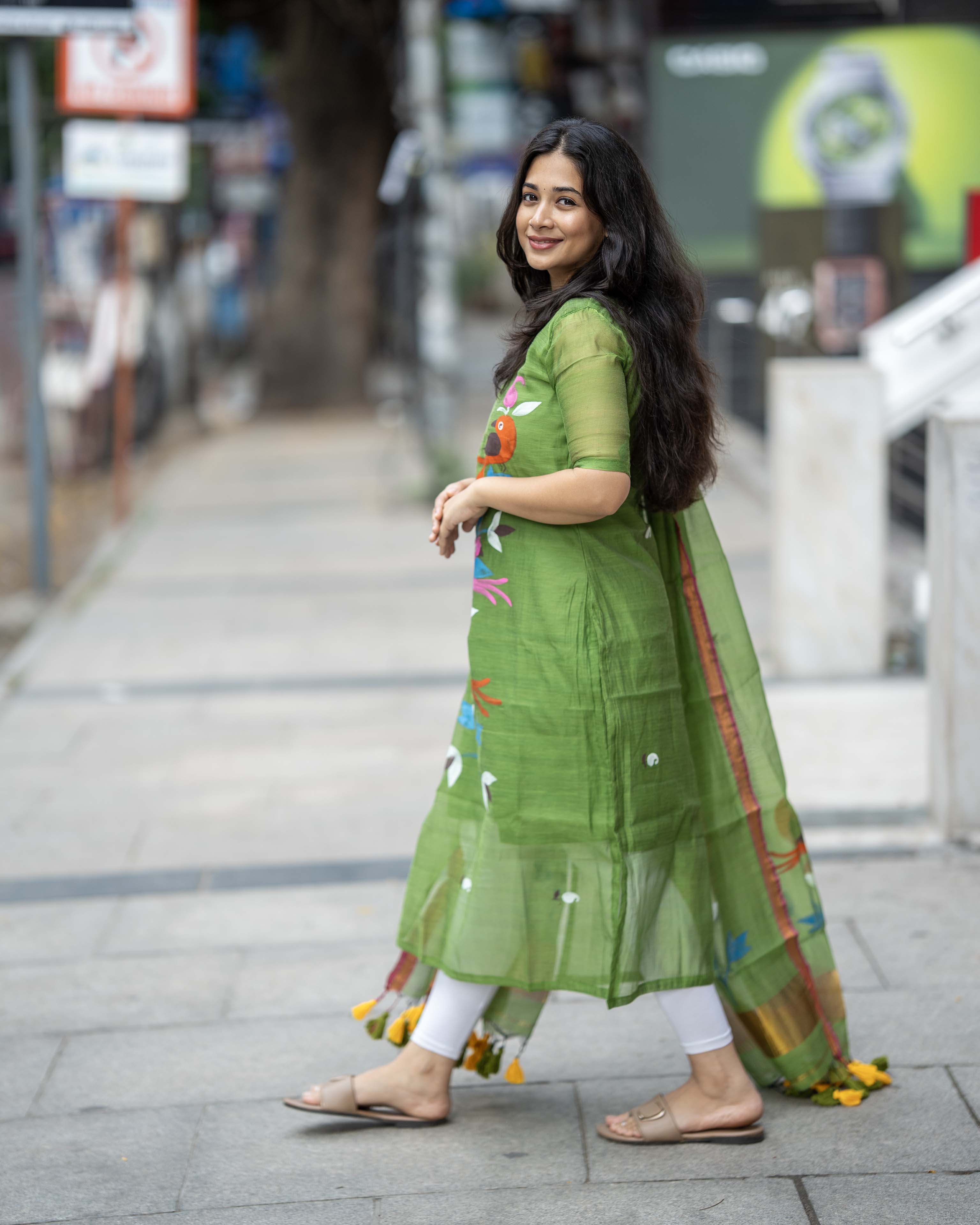 Handpainted Weaves Parrot Green  Ethnic Top & Duppata