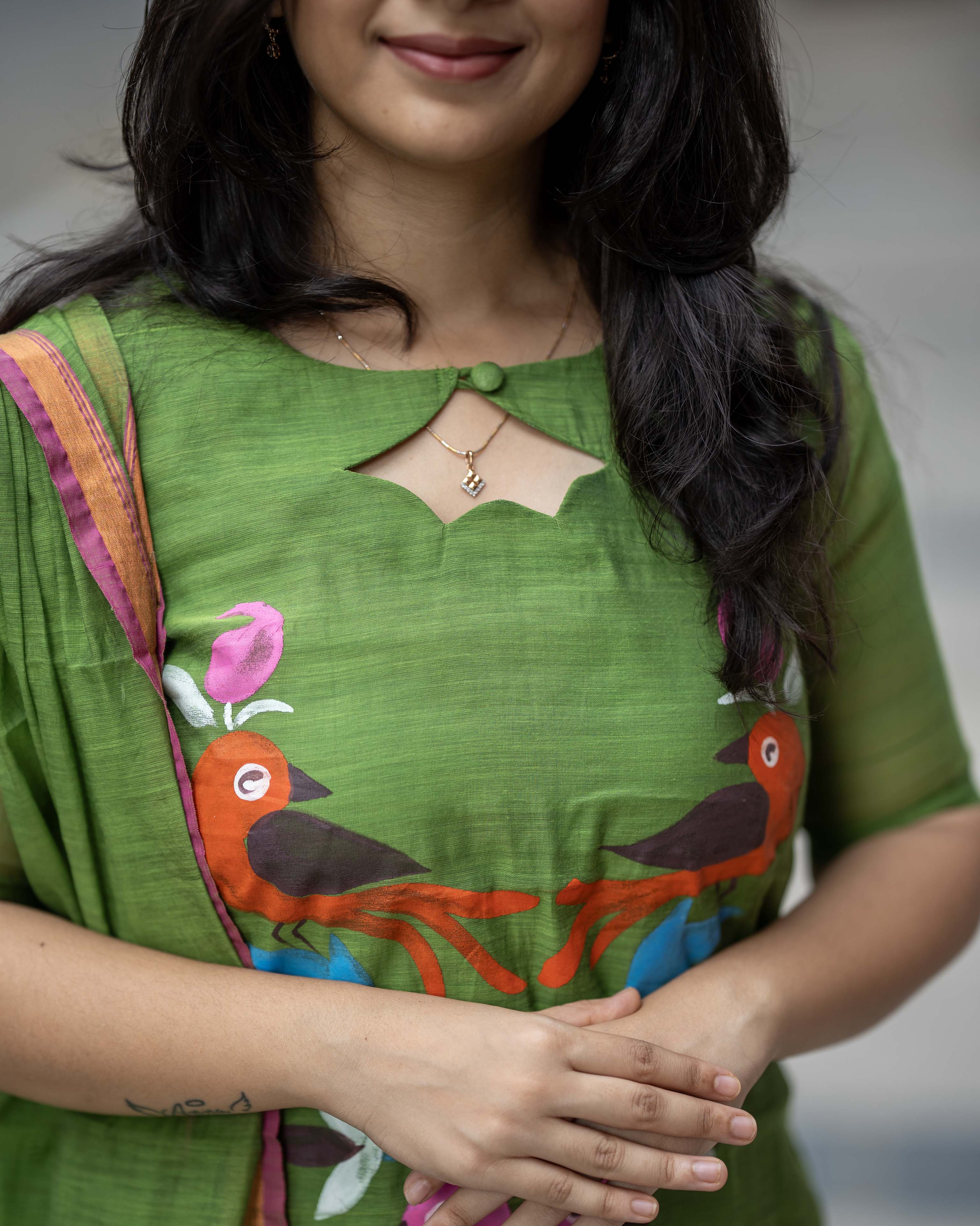 Handpainted Weaves Parrot Green  Ethnic Top & Duppata