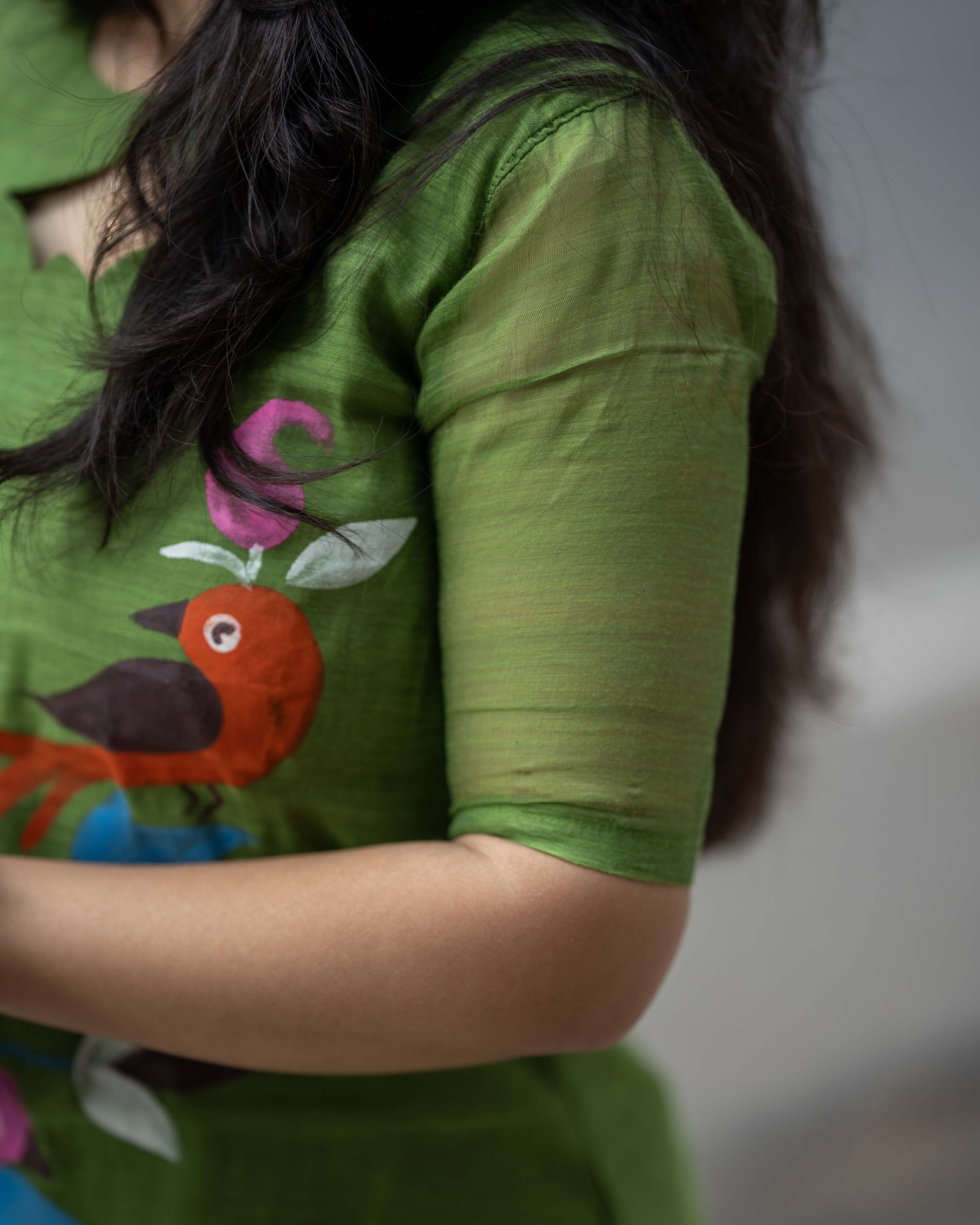 Handpainted Weaves Parrot Green  Ethnic Top & Duppata