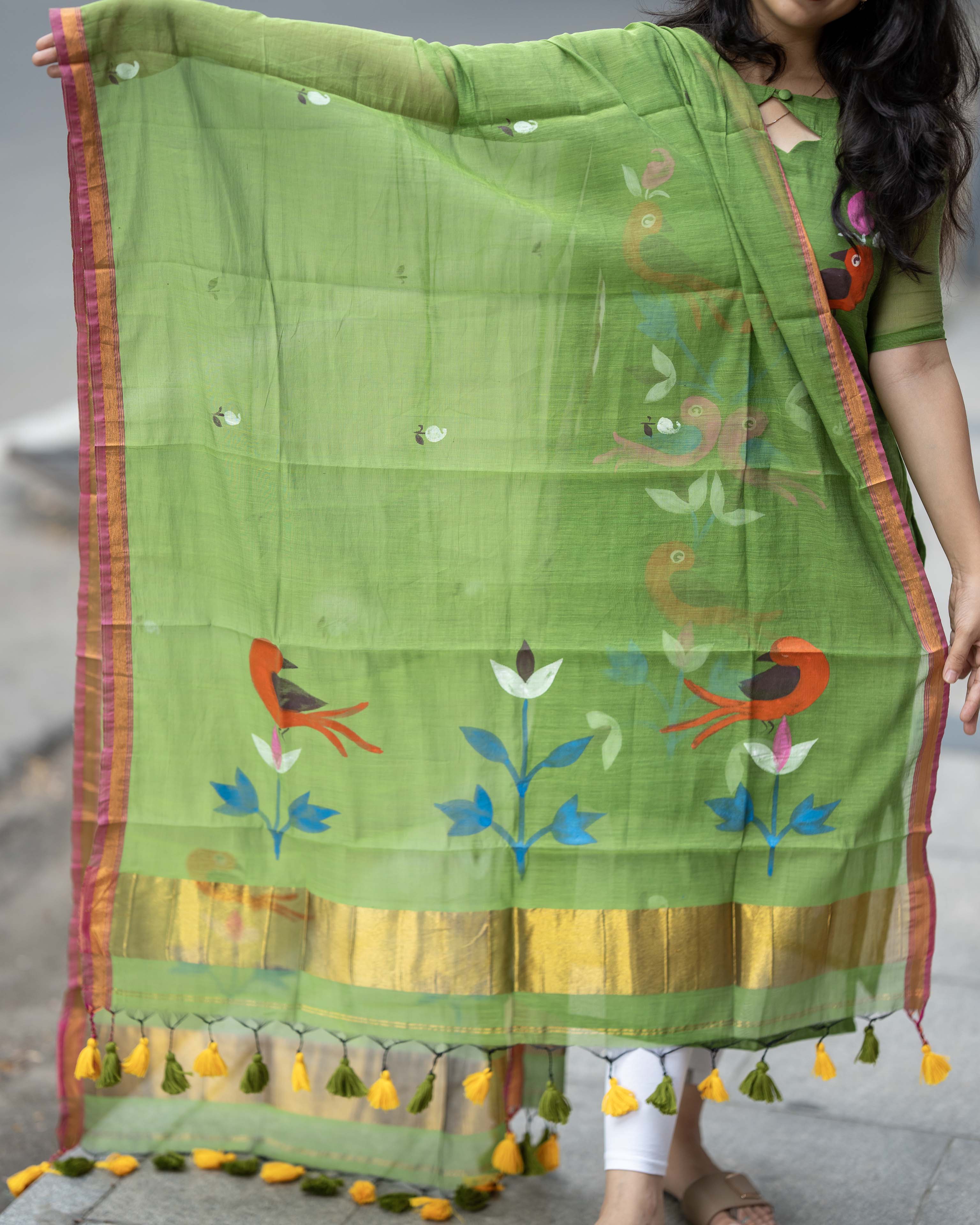 Handpainted Weaves Parrot Green  Ethnic Top & Duppata