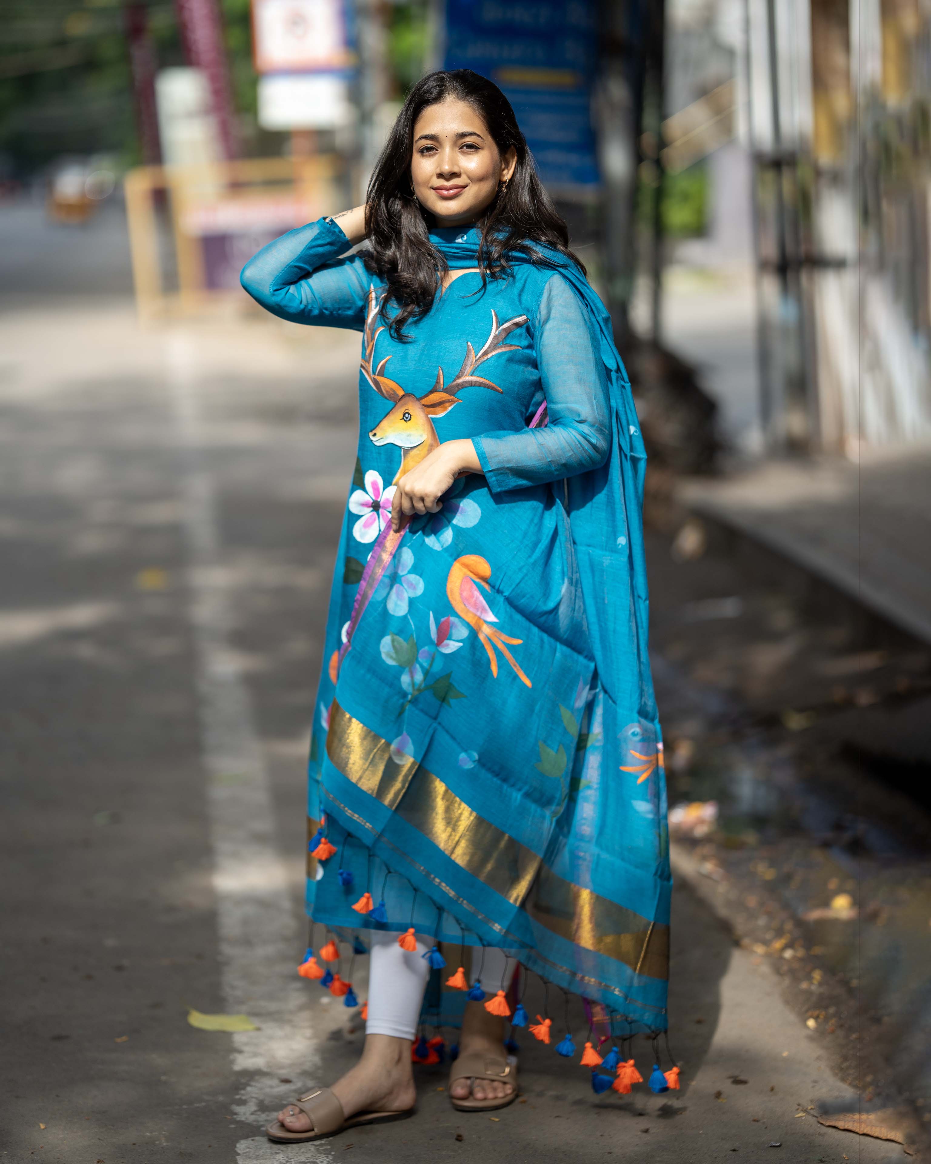 Handpainted Weaves Blue Ethnic Top & Duppata