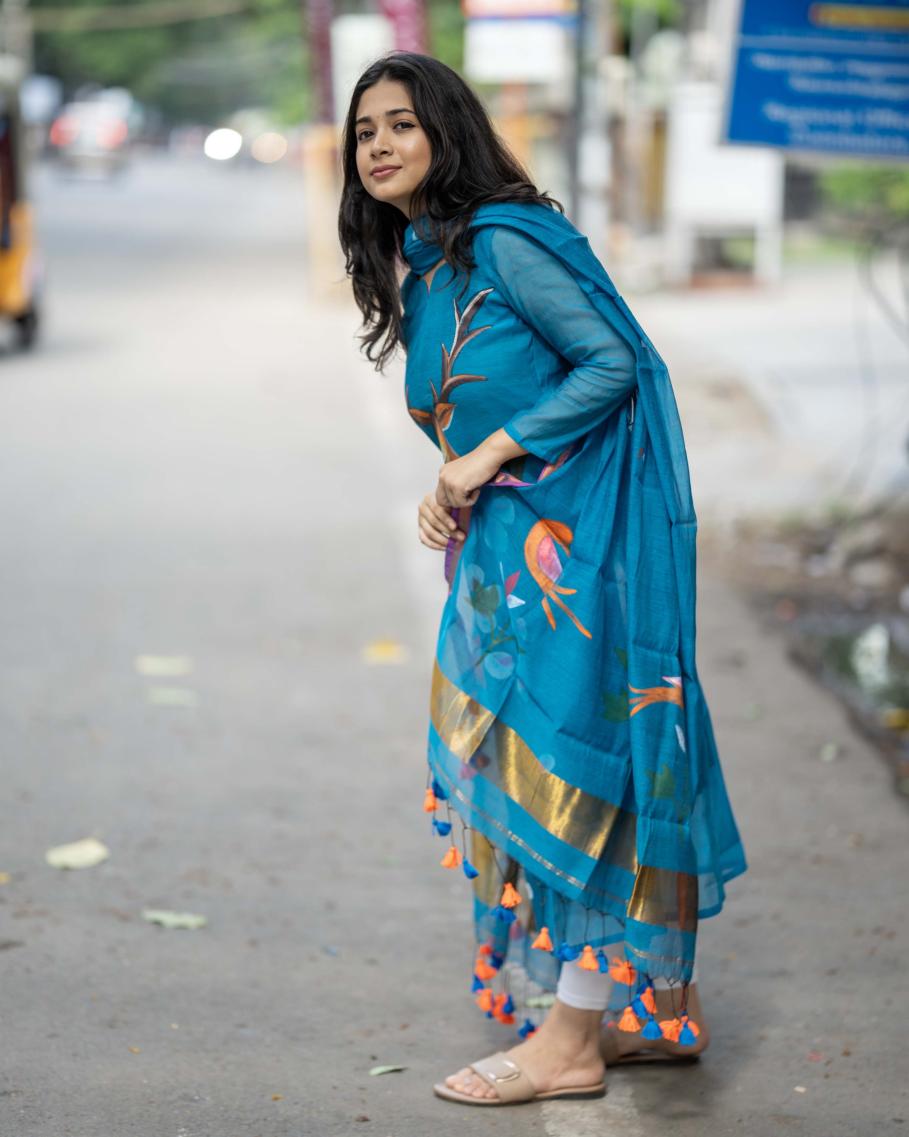 Handpainted Weaves Blue Ethnic Top & Duppata