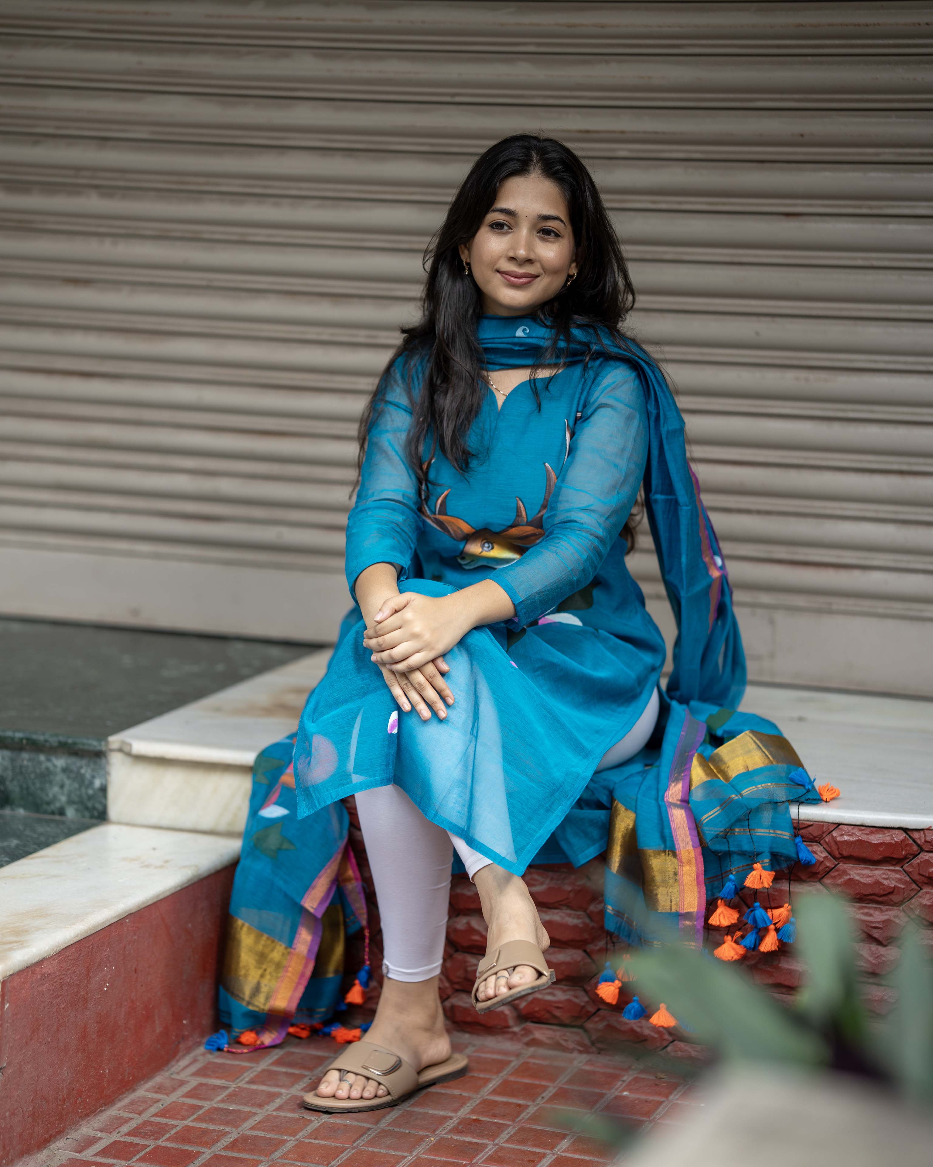 Handpainted Weaves Blue Ethnic Top & Duppata