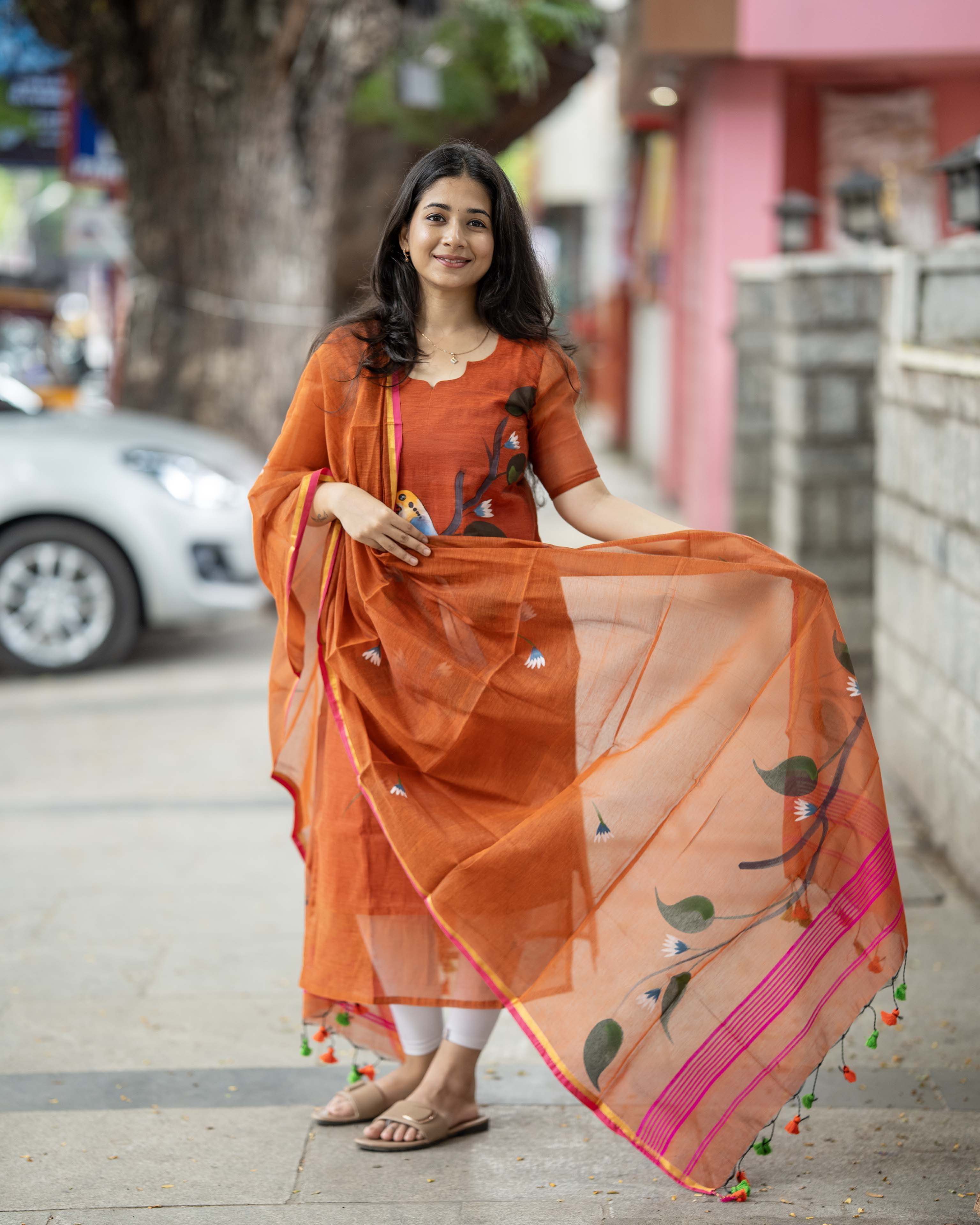 Handpainted Weaves Rust Orange Ethnic Top & Duppata