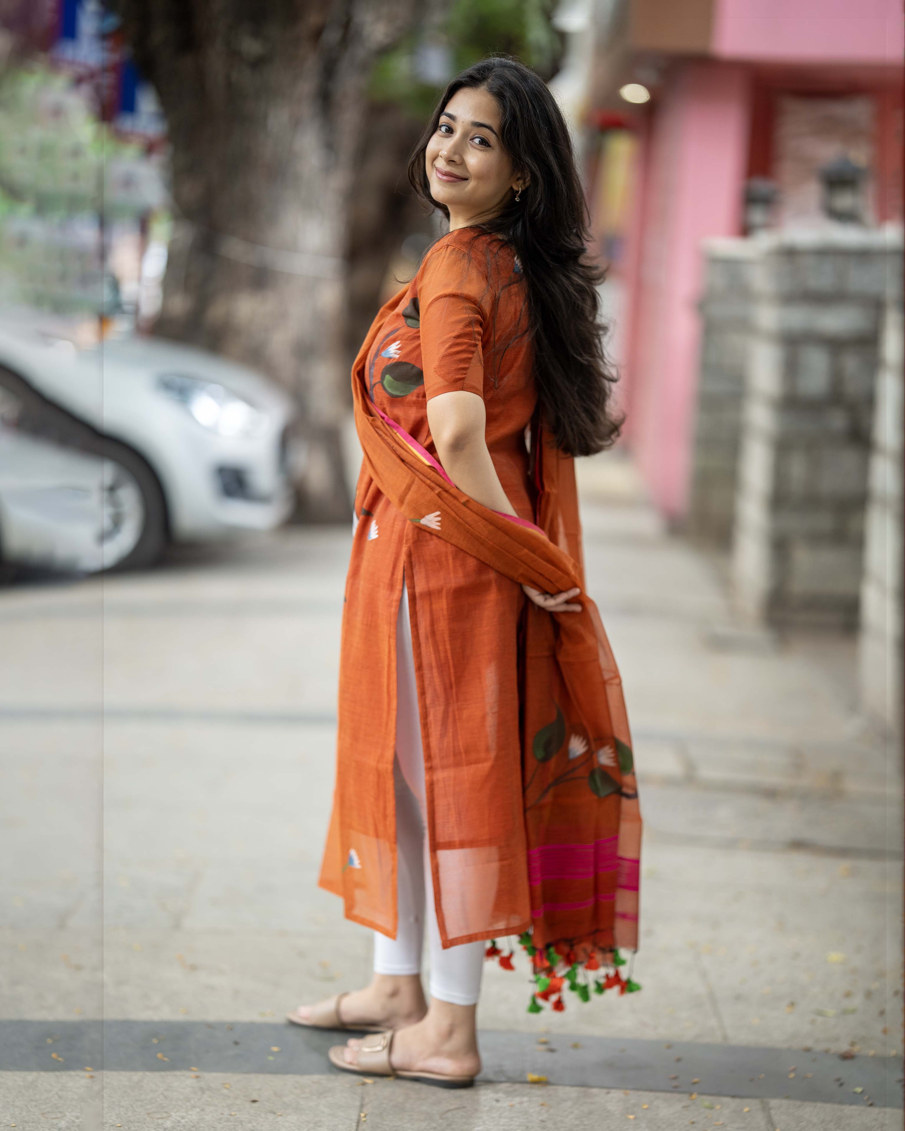 Handpainted Weaves Rust Orange Ethnic Top & Duppata