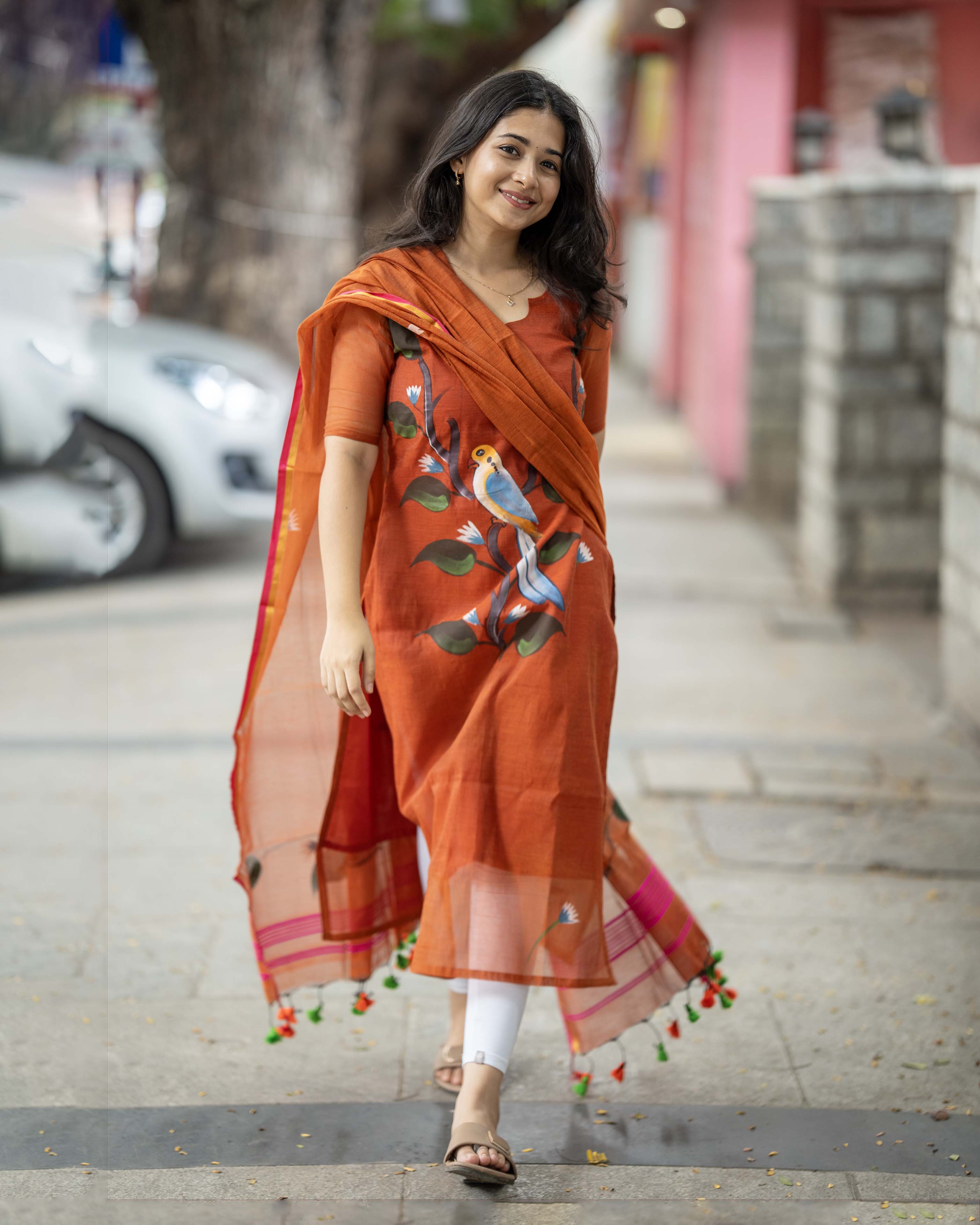 Handpainted Weaves Rust Orange Ethnic Top & Duppata