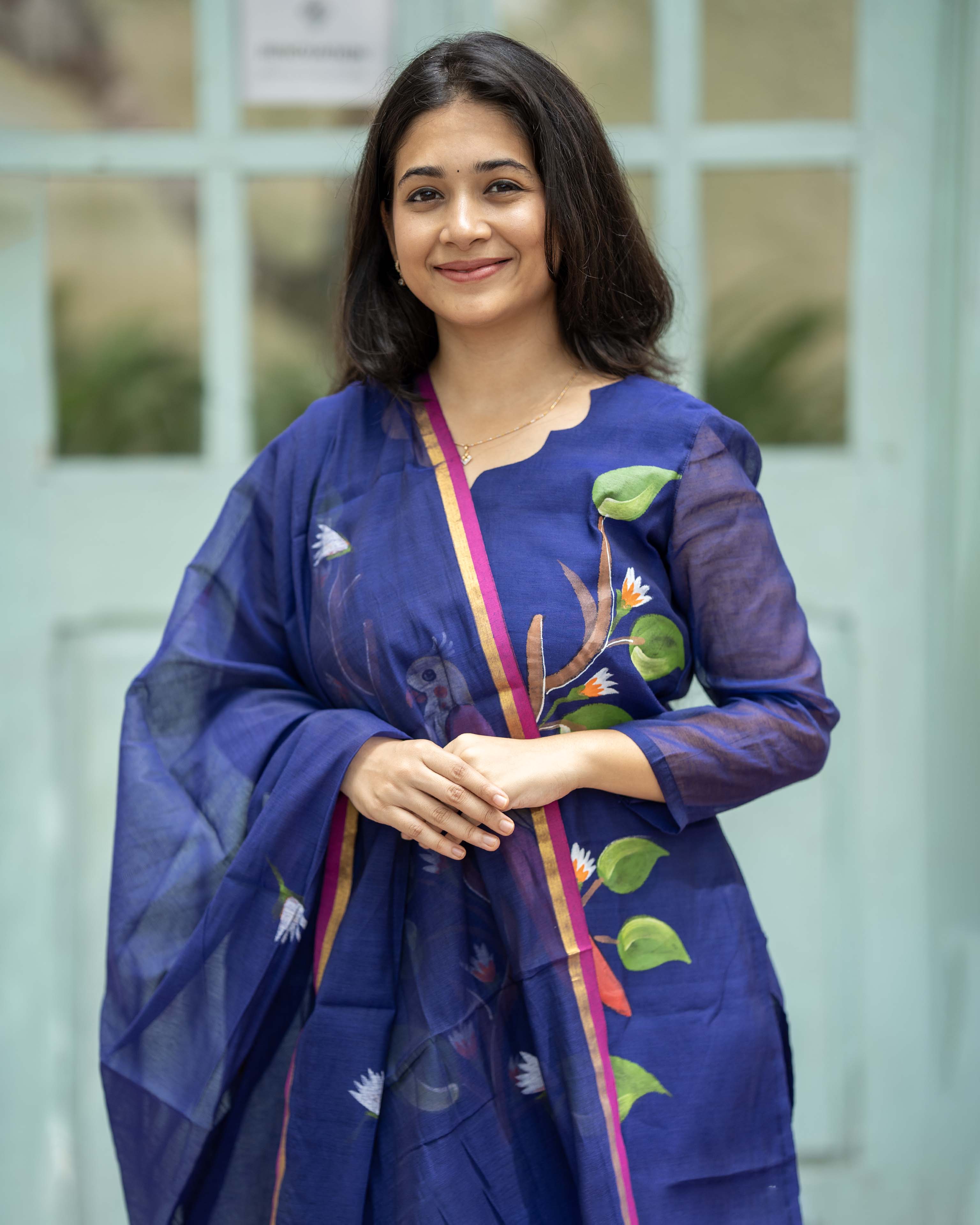 Handpainted Weaves Royal Blue Ethnic Top & Duppata