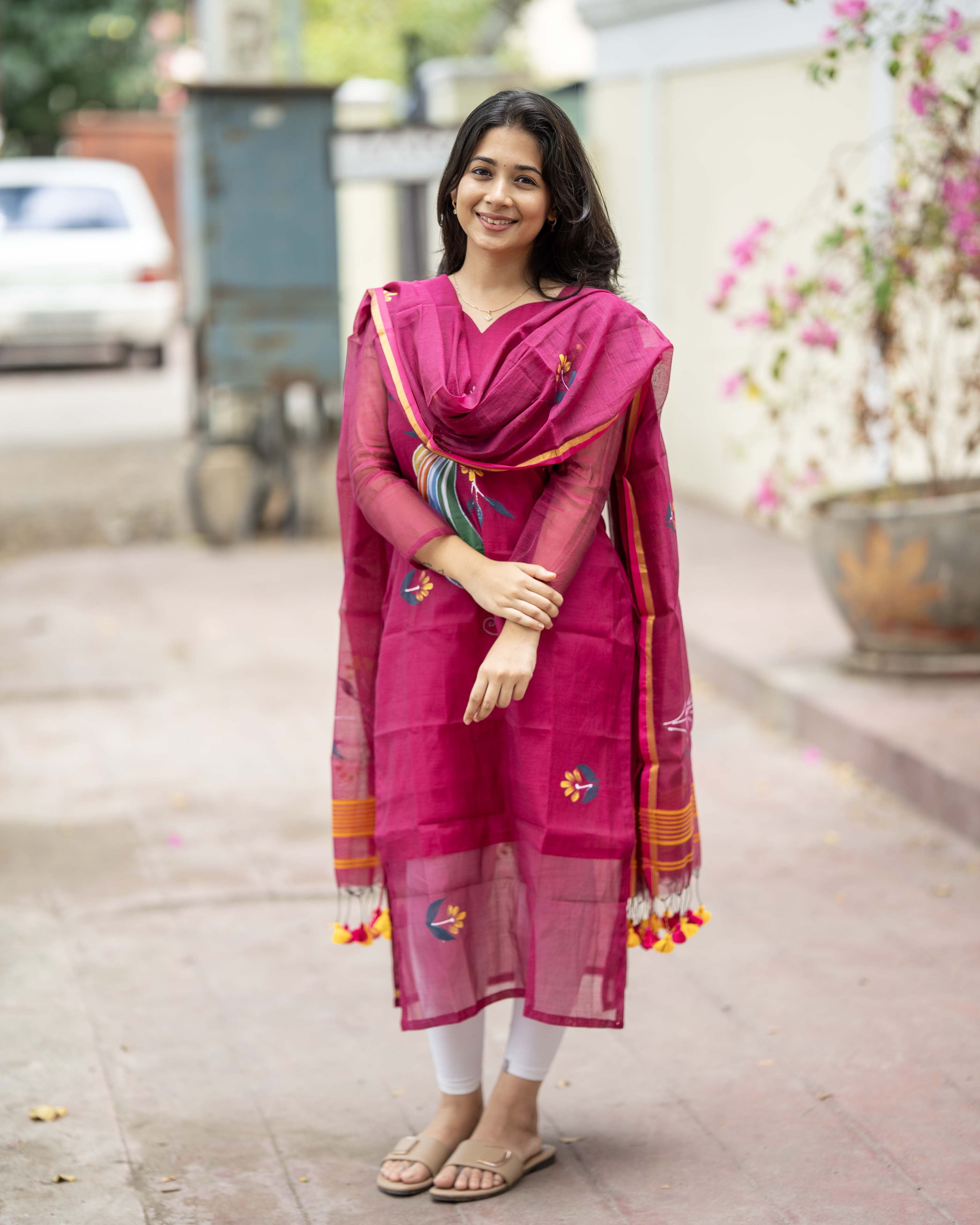 Handpainted Weaves Magenta Ethnic Top & Duppata