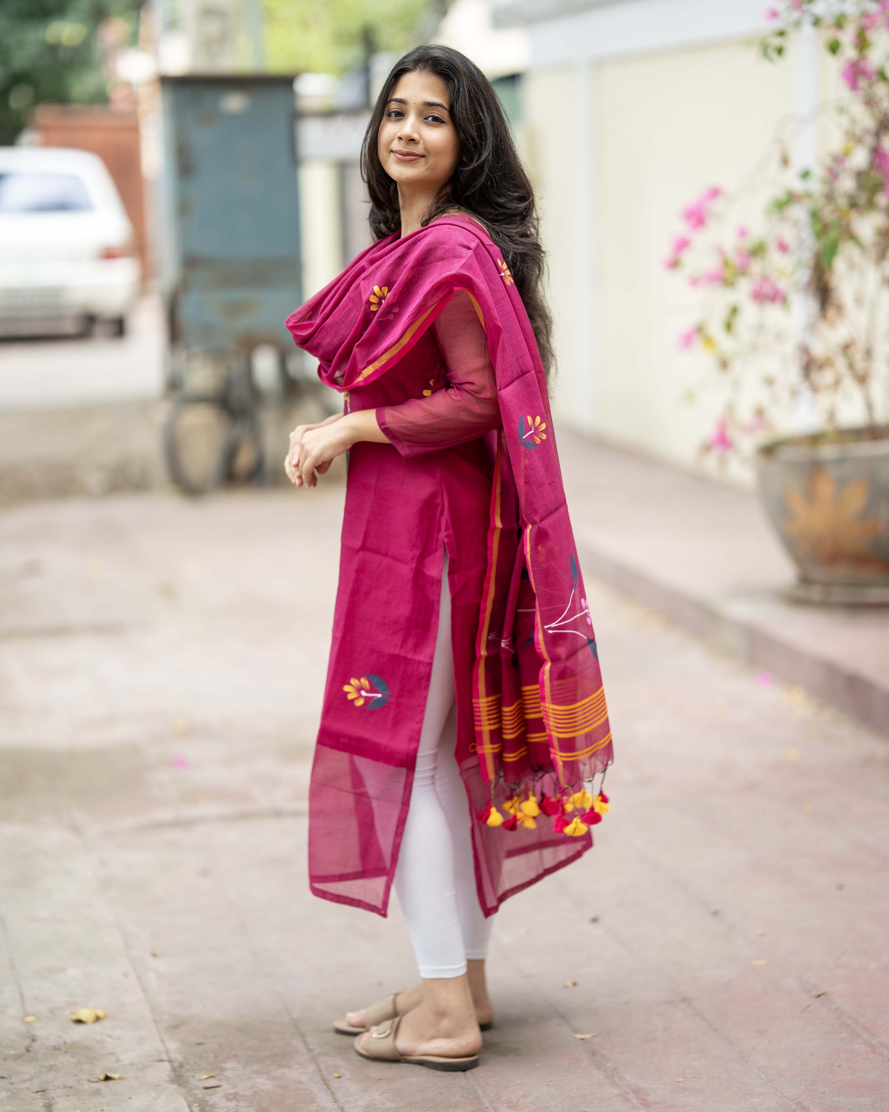 Handpainted Weaves Magenta Ethnic Top & Duppata