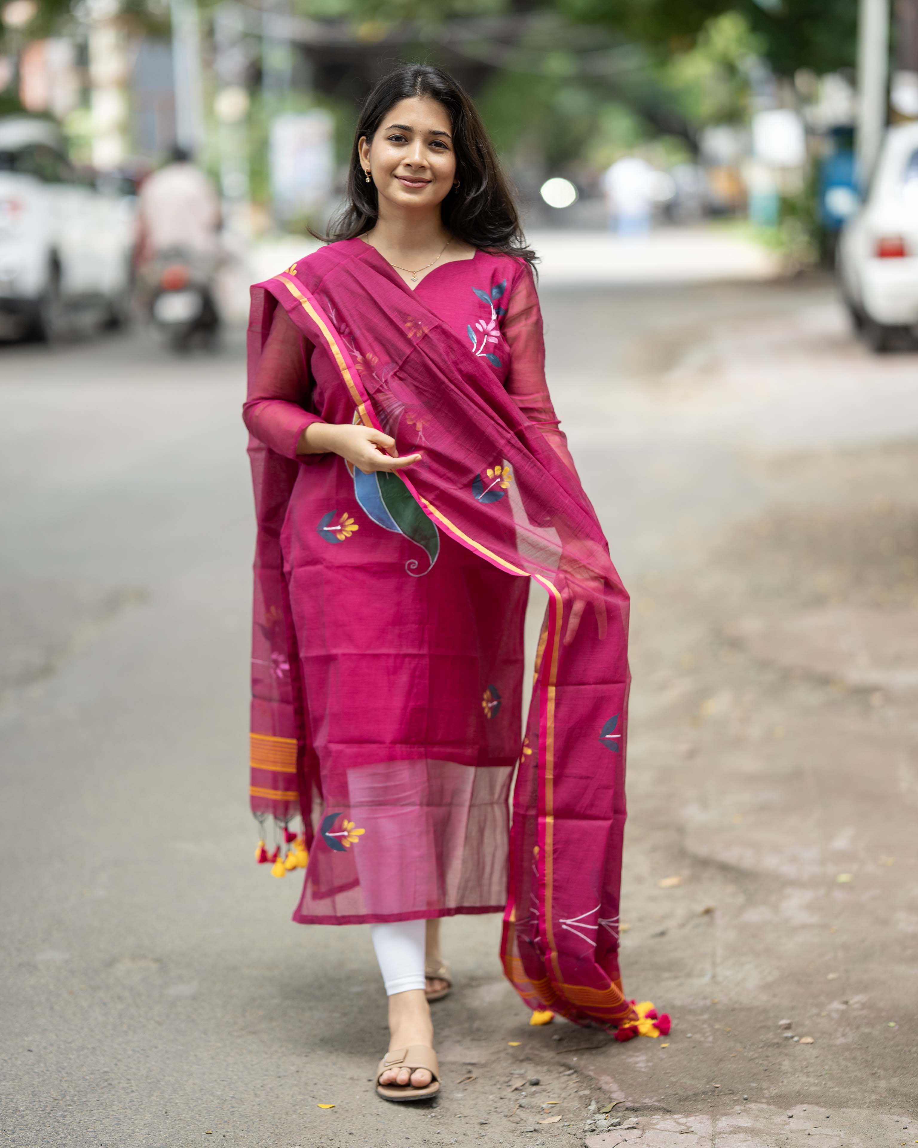 Handpainted Weaves Magenta Ethnic Top & Duppata