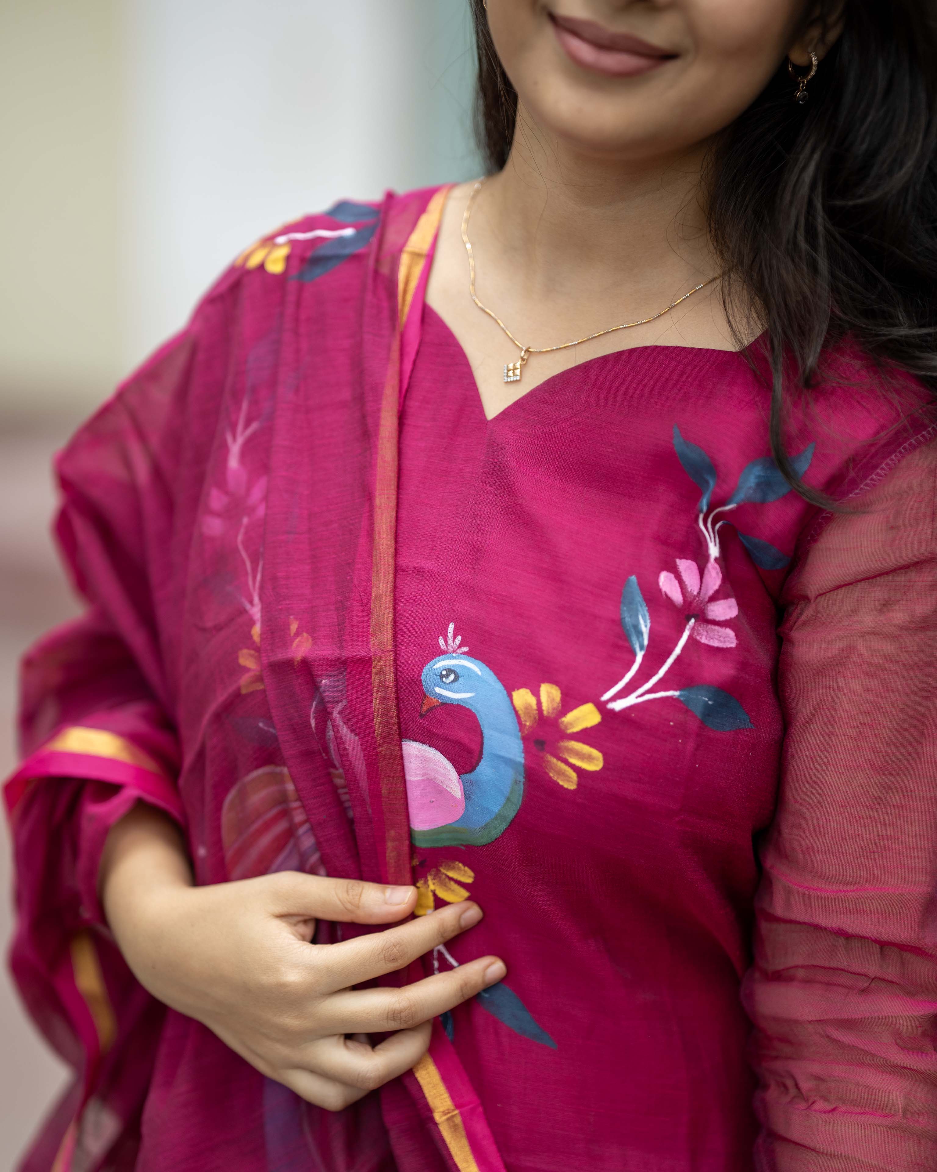Handpainted Weaves Magenta Ethnic Top & Duppata