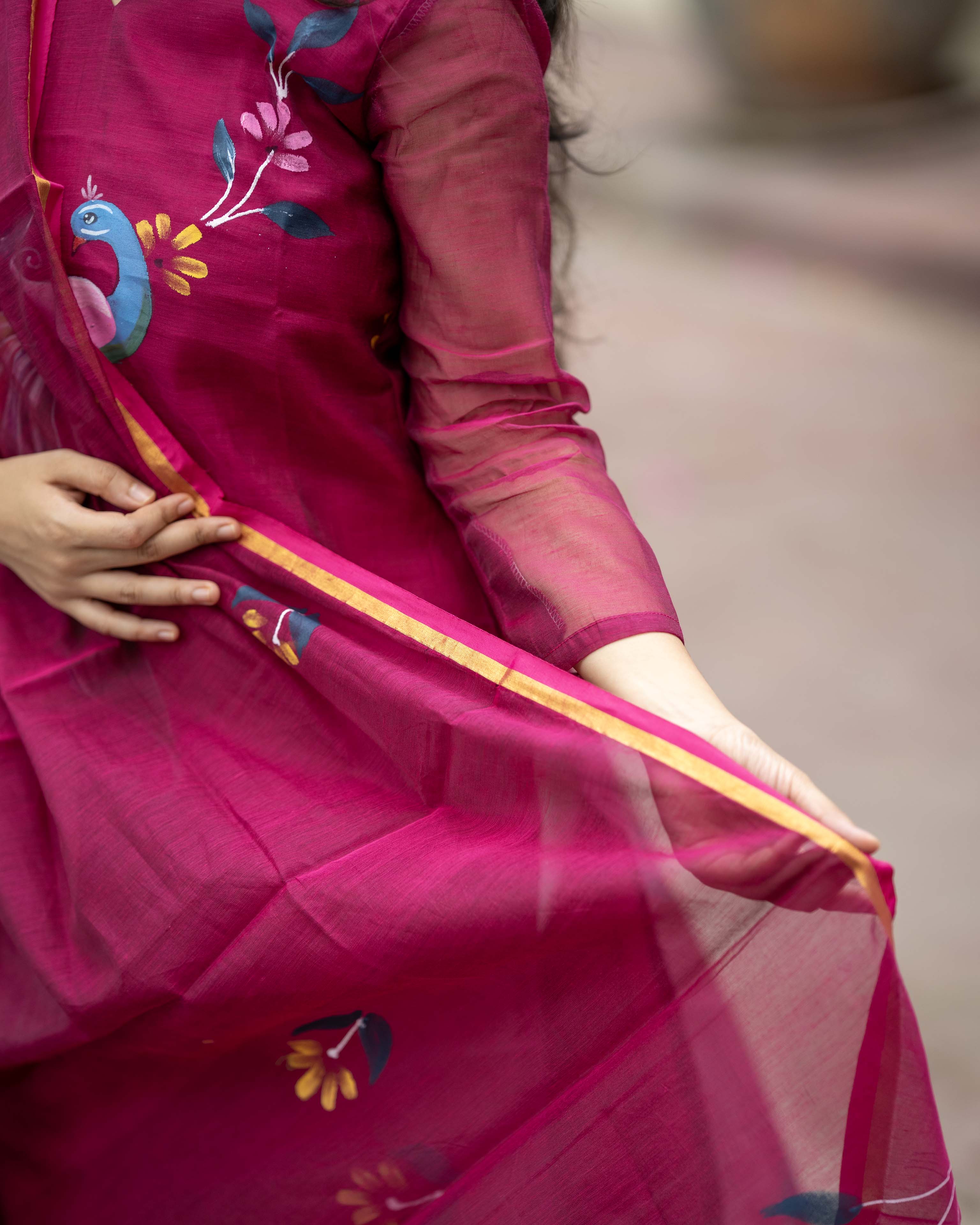 Handpainted Weaves Magenta Ethnic Top & Duppata