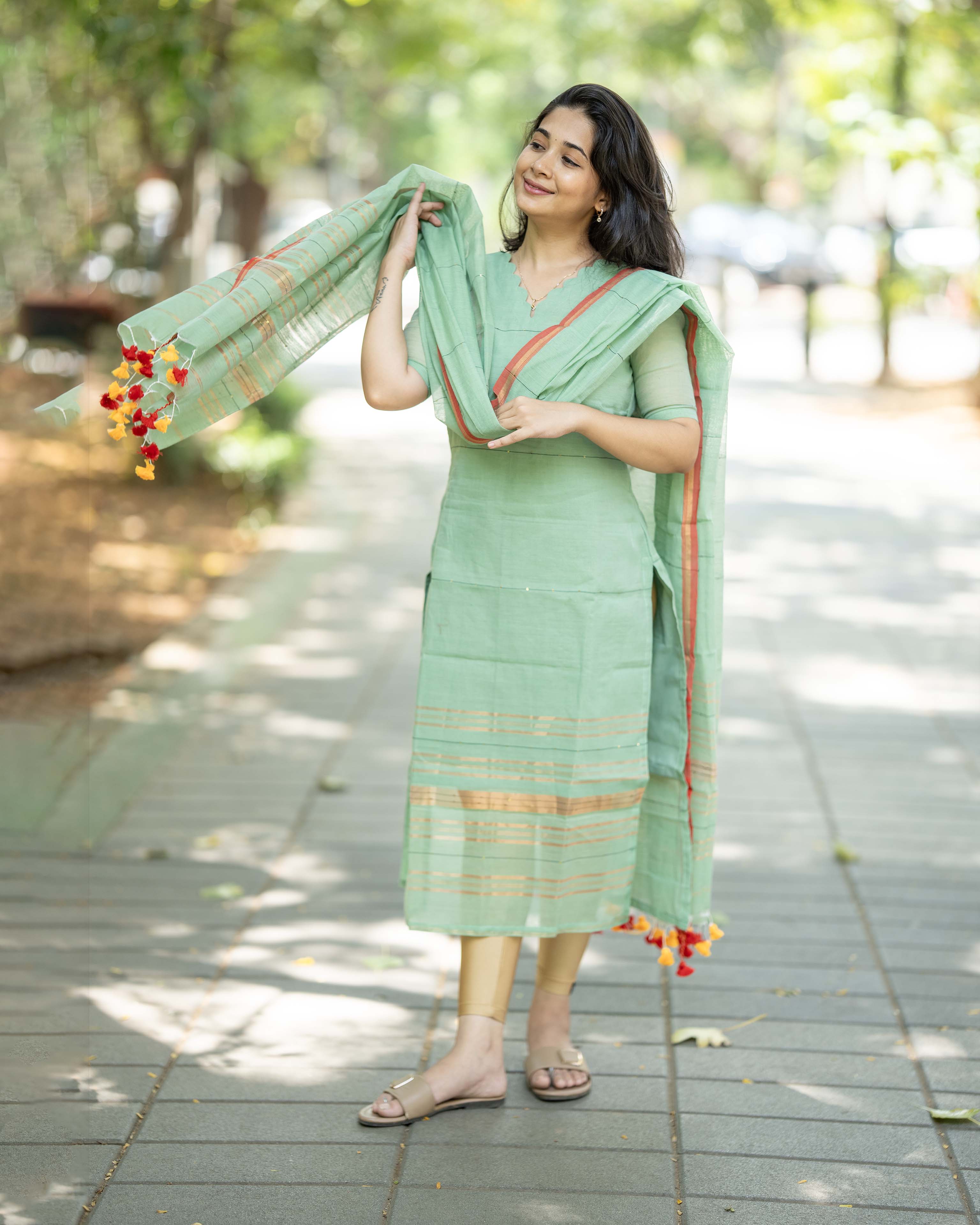 Pista Green Ethnic Top & Duppata