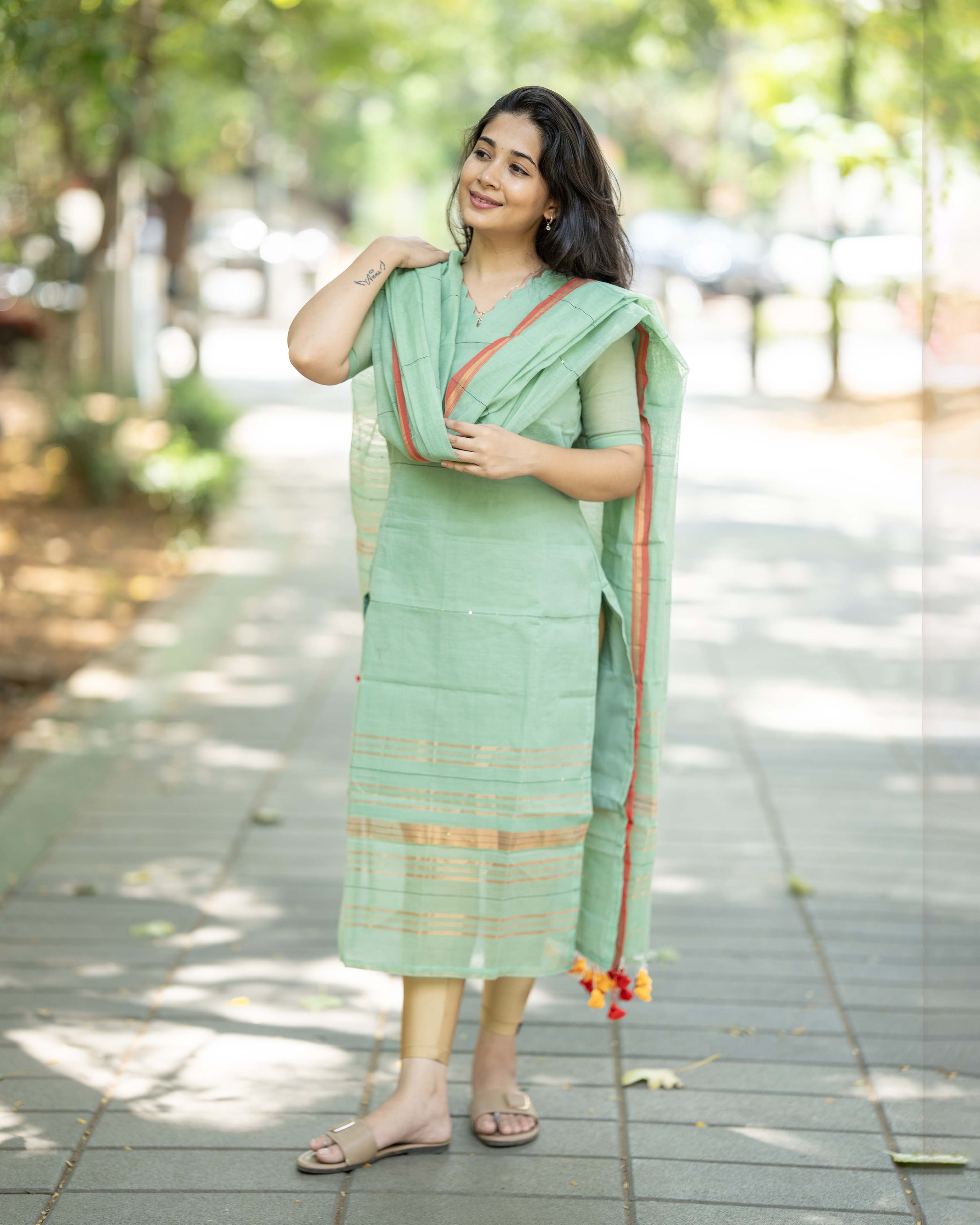Pista Green Ethnic Top & Duppata