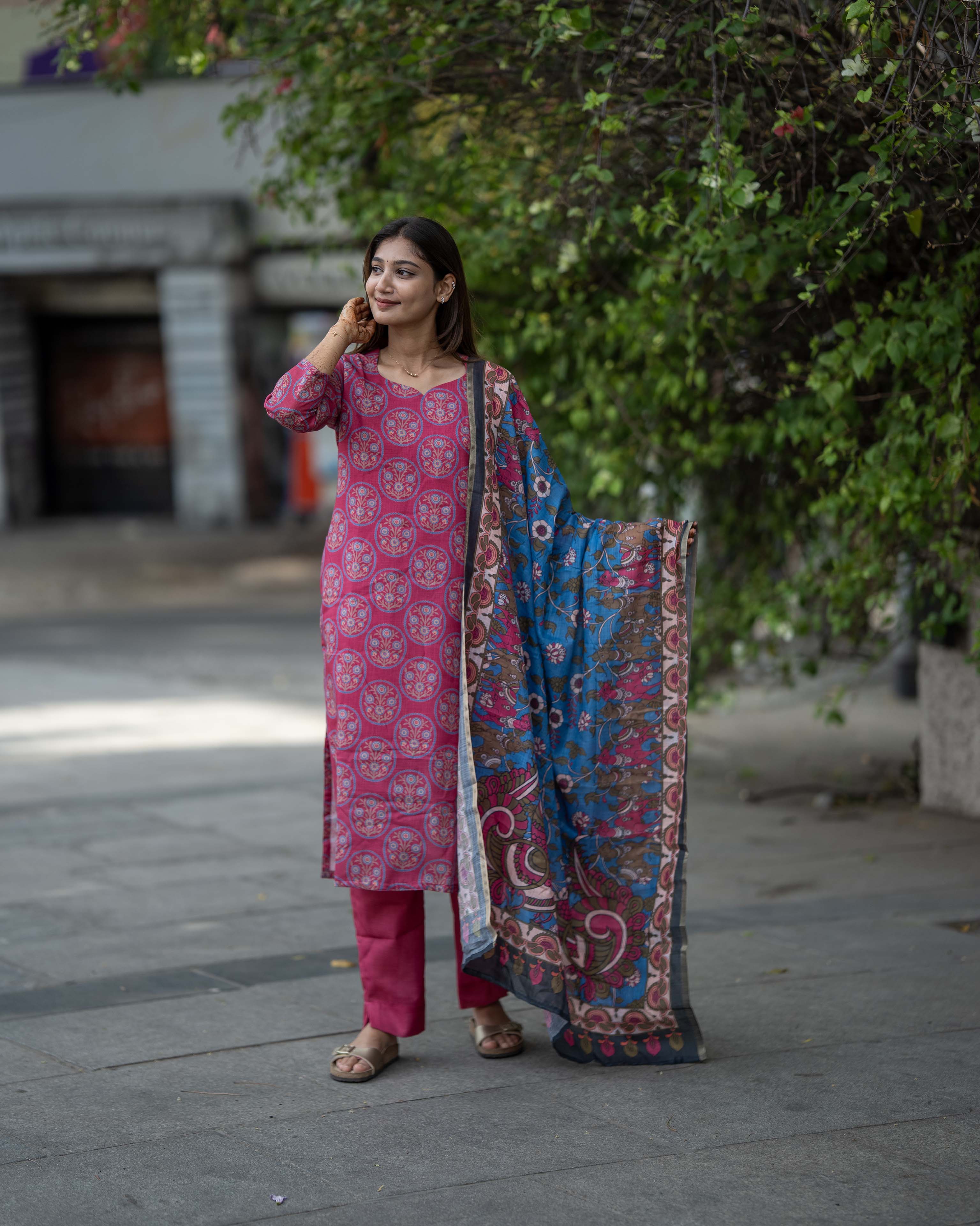 Magenta Printed  with Blue Floral Dupatta 3-Piece Set
