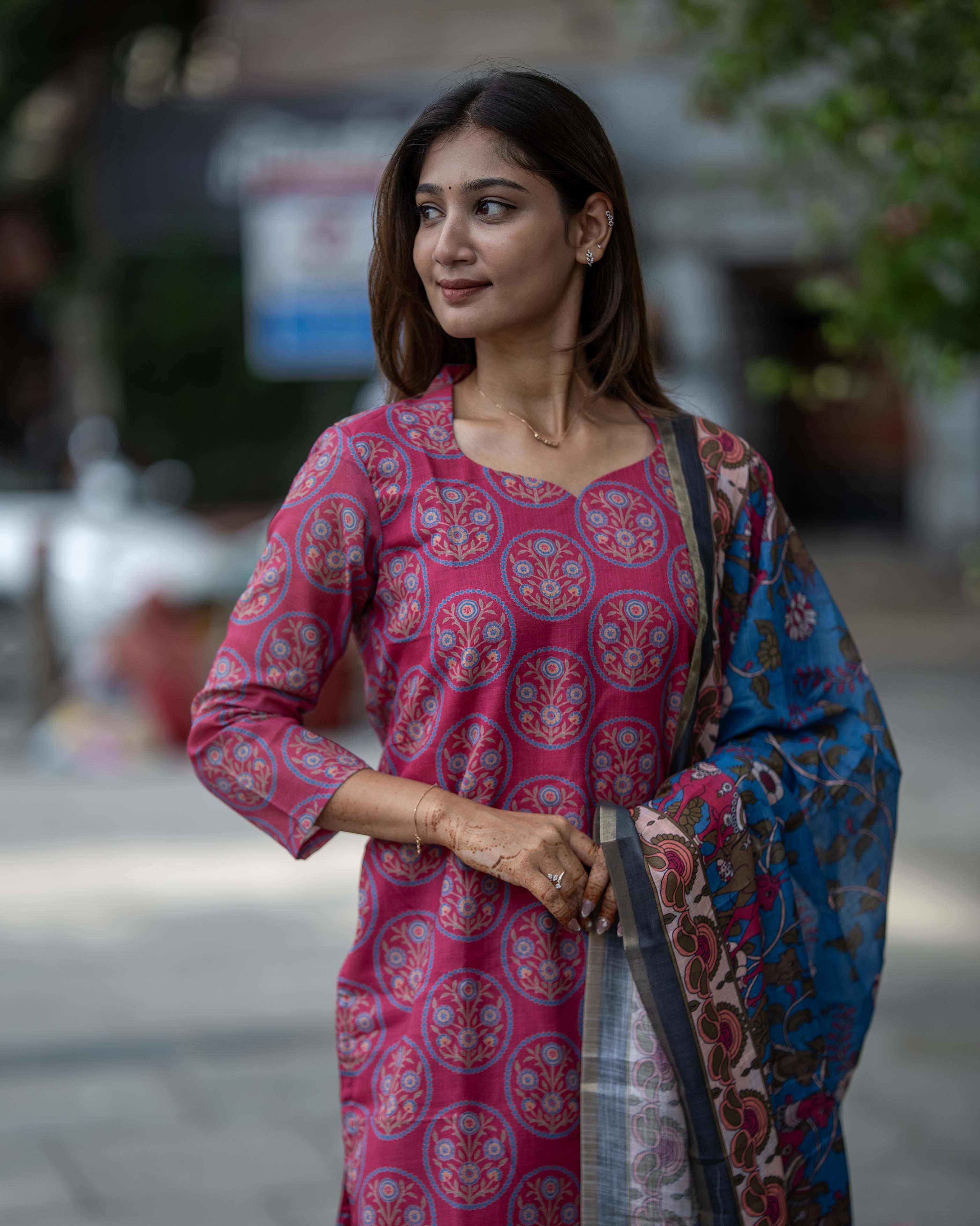 Magenta Printed  with Blue Floral Dupatta 3-Piece Set