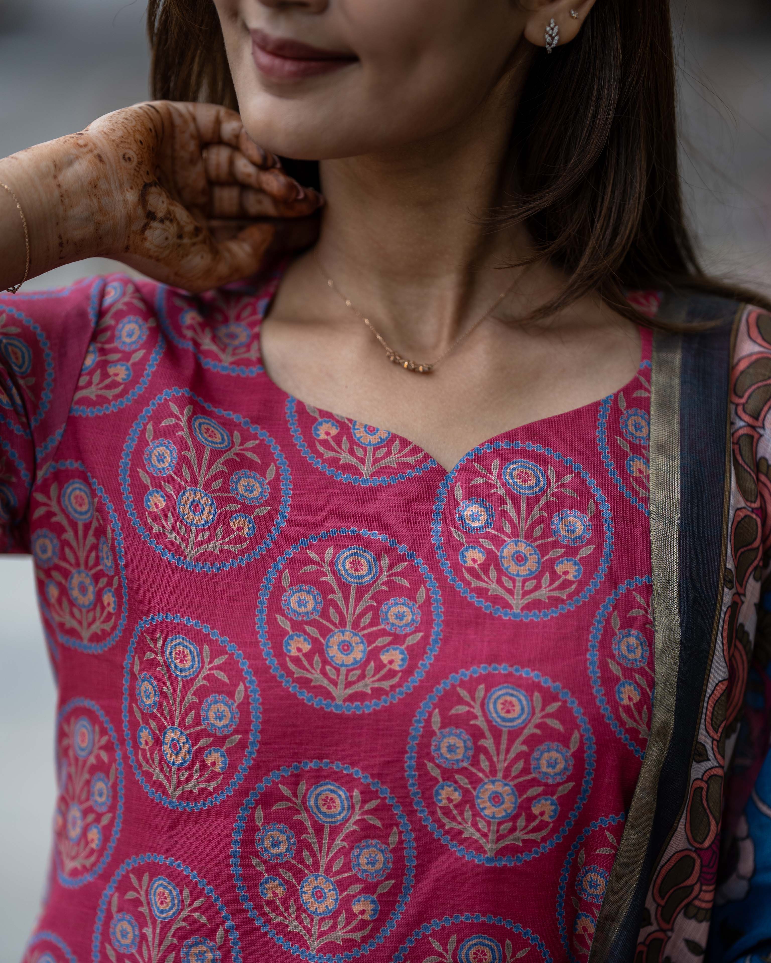 Magenta Printed  with Blue Floral Dupatta 3-Piece Set