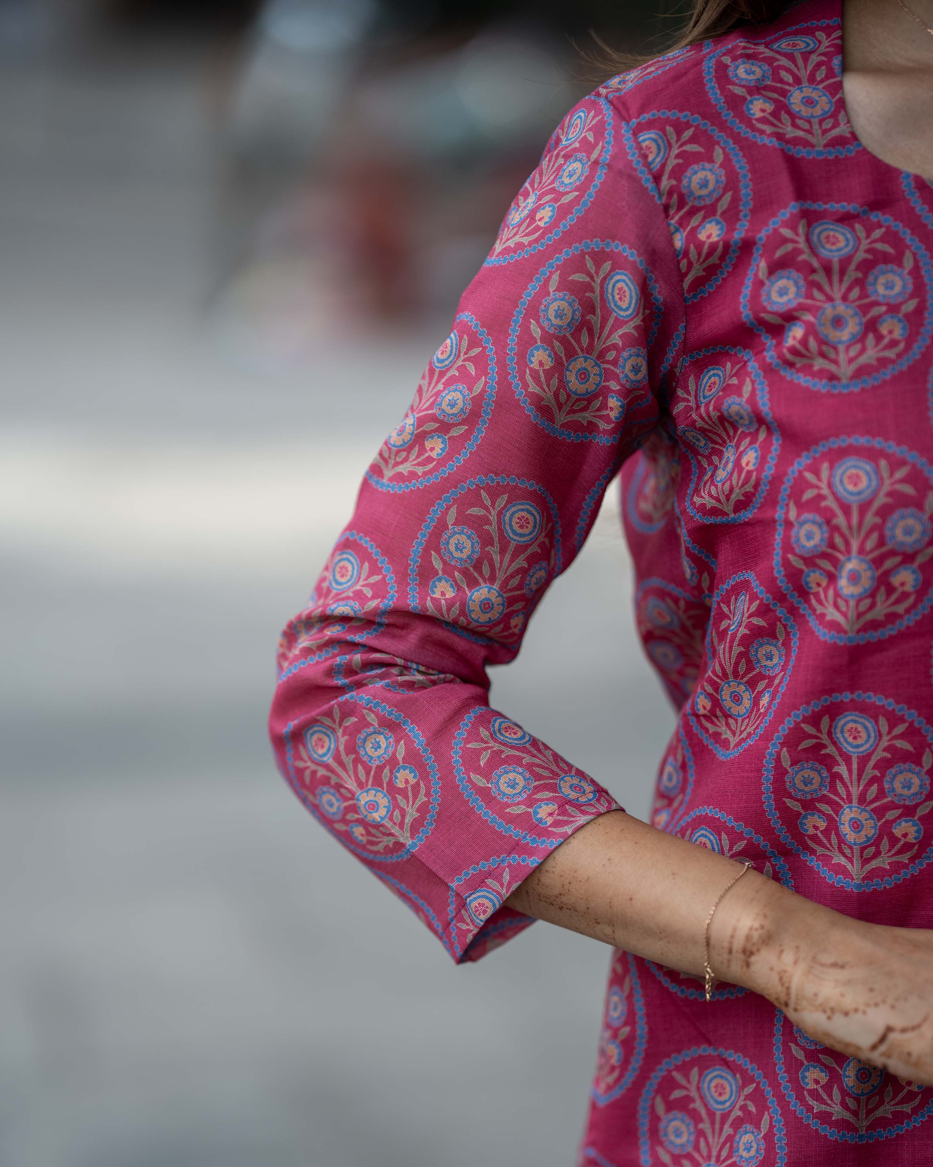 Magenta Printed  with Blue Floral Dupatta 3-Piece Set