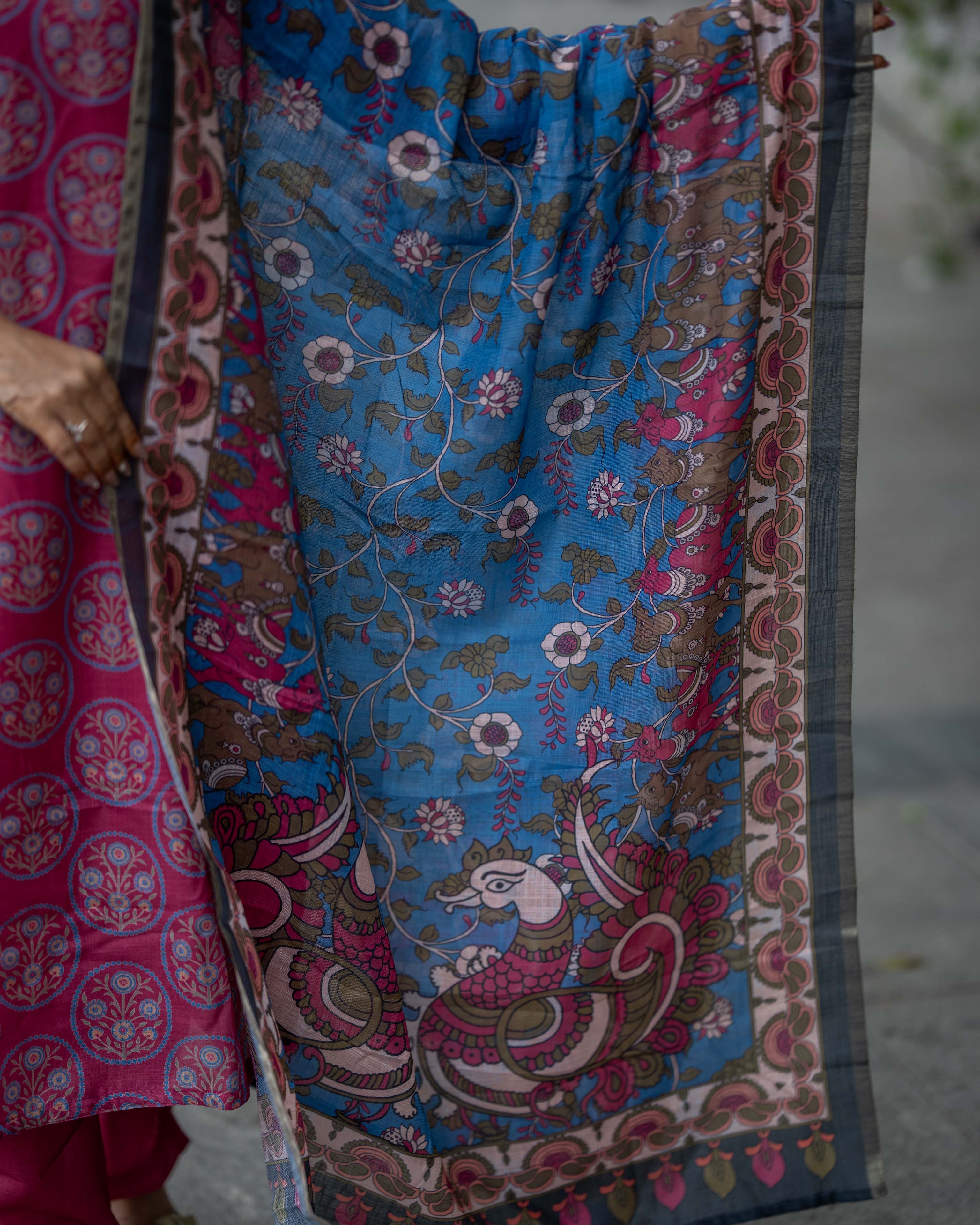 Magenta Printed  with Blue Floral Dupatta 3-Piece Set