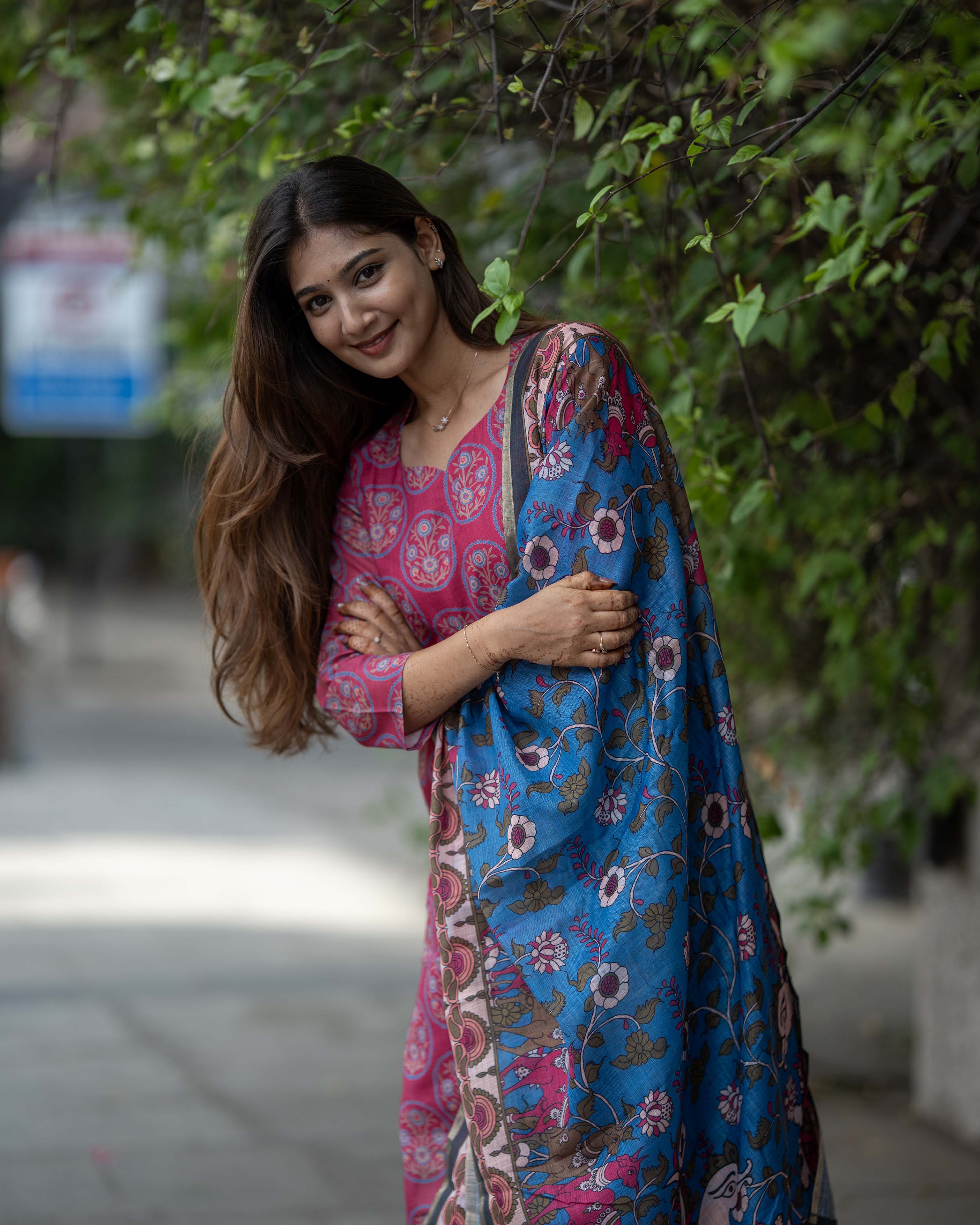 Magenta Printed  with Blue Floral Dupatta 3-Piece Set