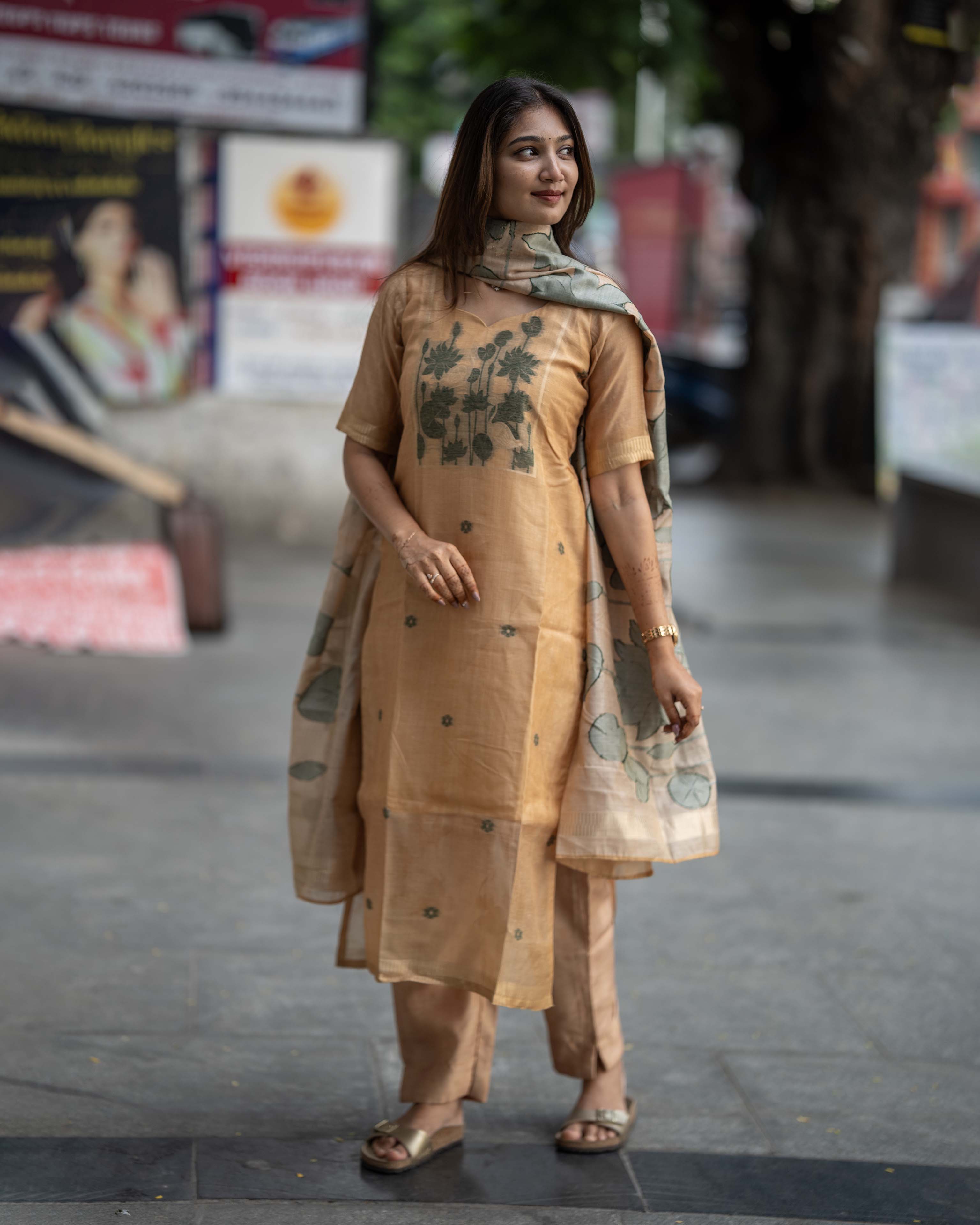 Mustard Brown Floral Printed 3-Piece Set