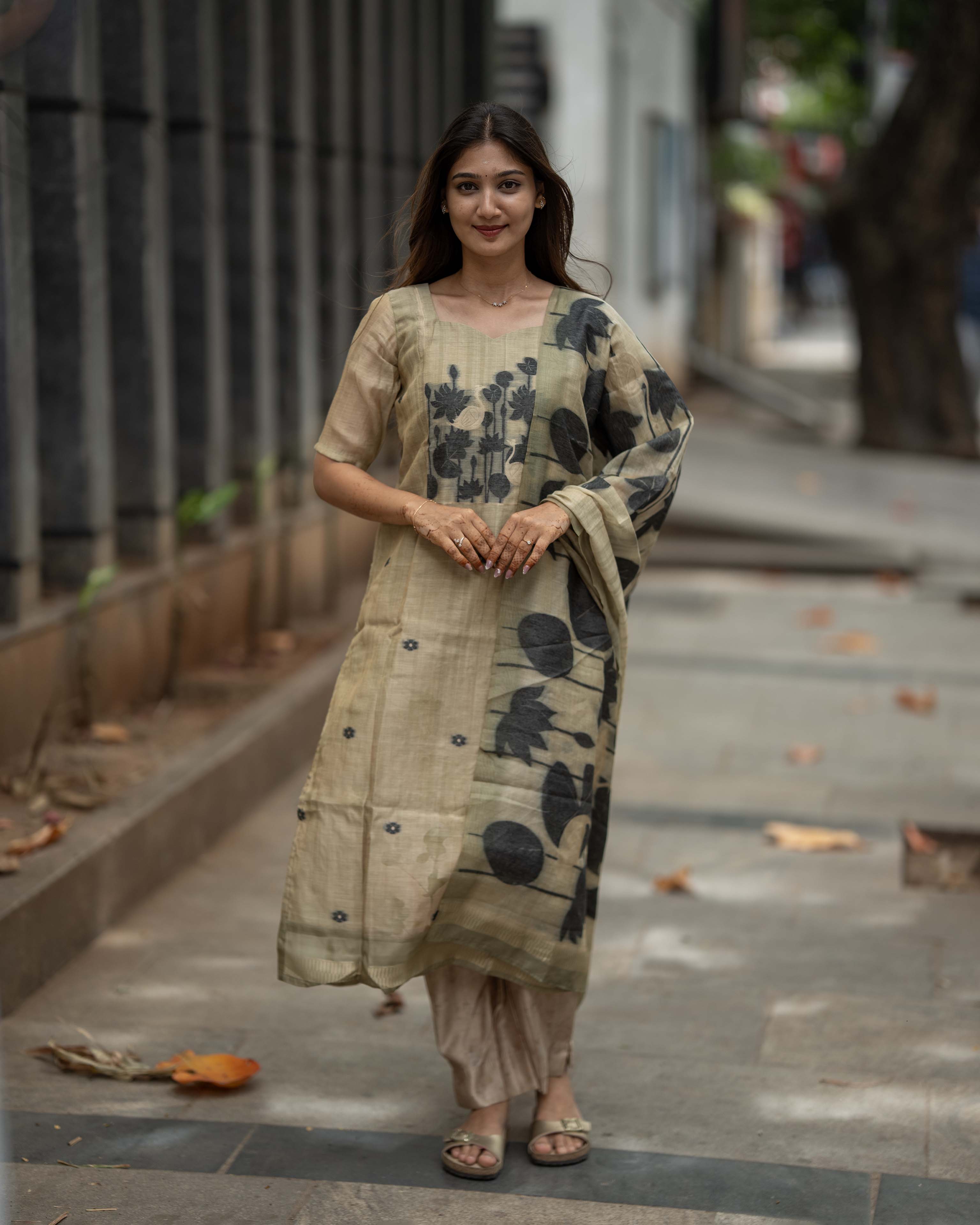 Olive Beige Floral Printed 3-Piece Set