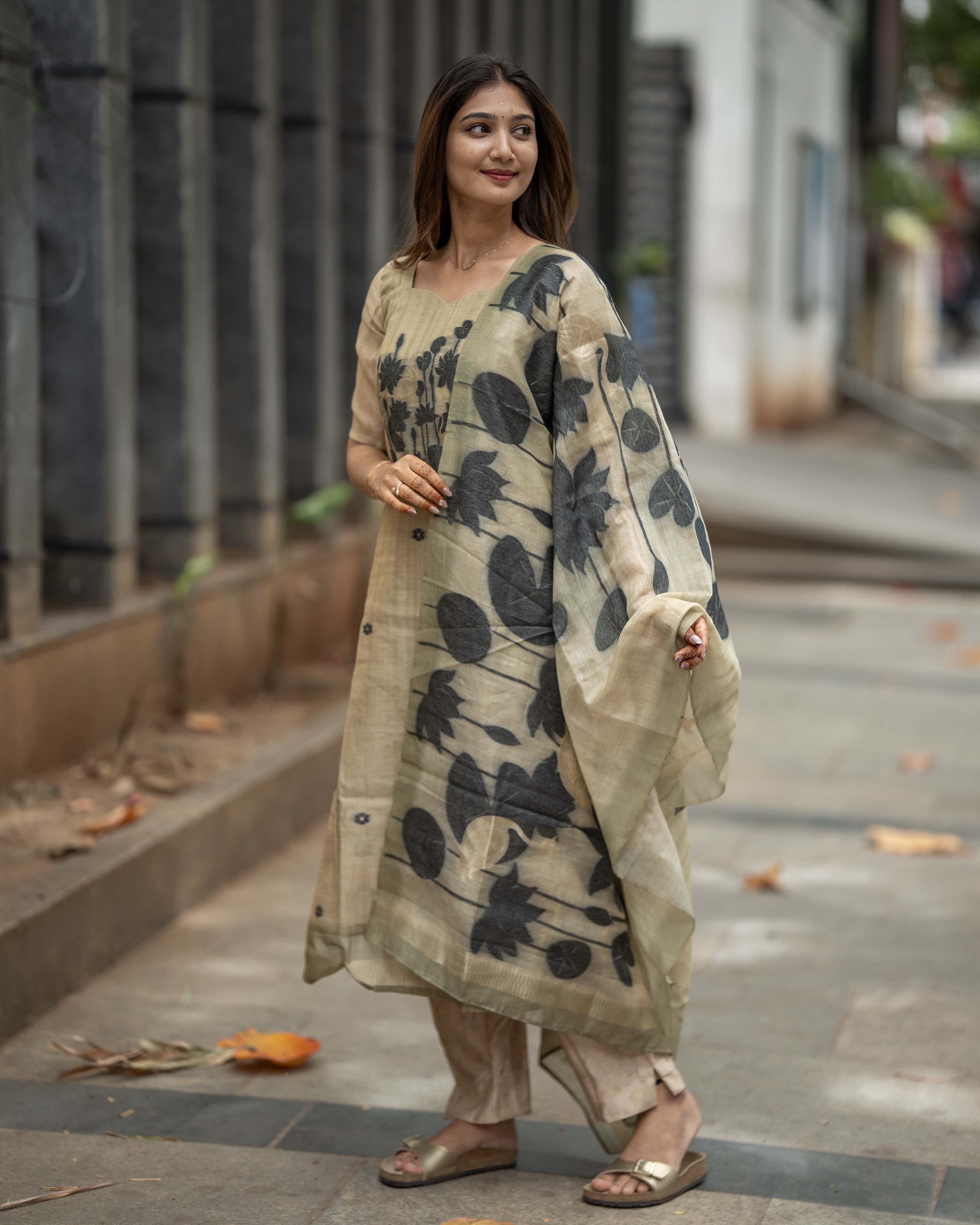 Olive Beige Floral Printed 3-Piece Set